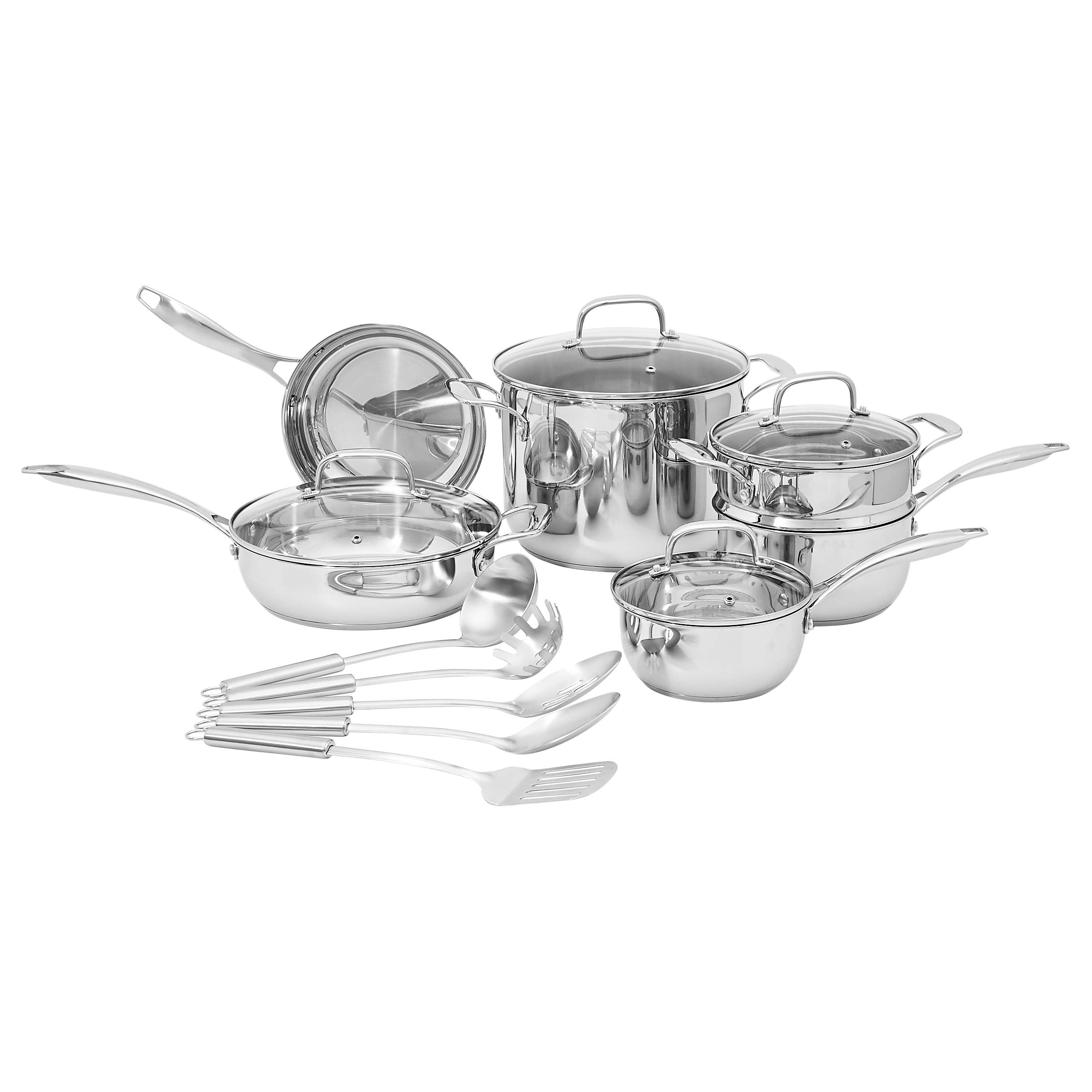 Amazon Basics Stainless Steel Cookware 15-Piece Set, Oven Safe, Pots and Pans, Induction-Ready, Even Heating, Easy to Clean, Hea