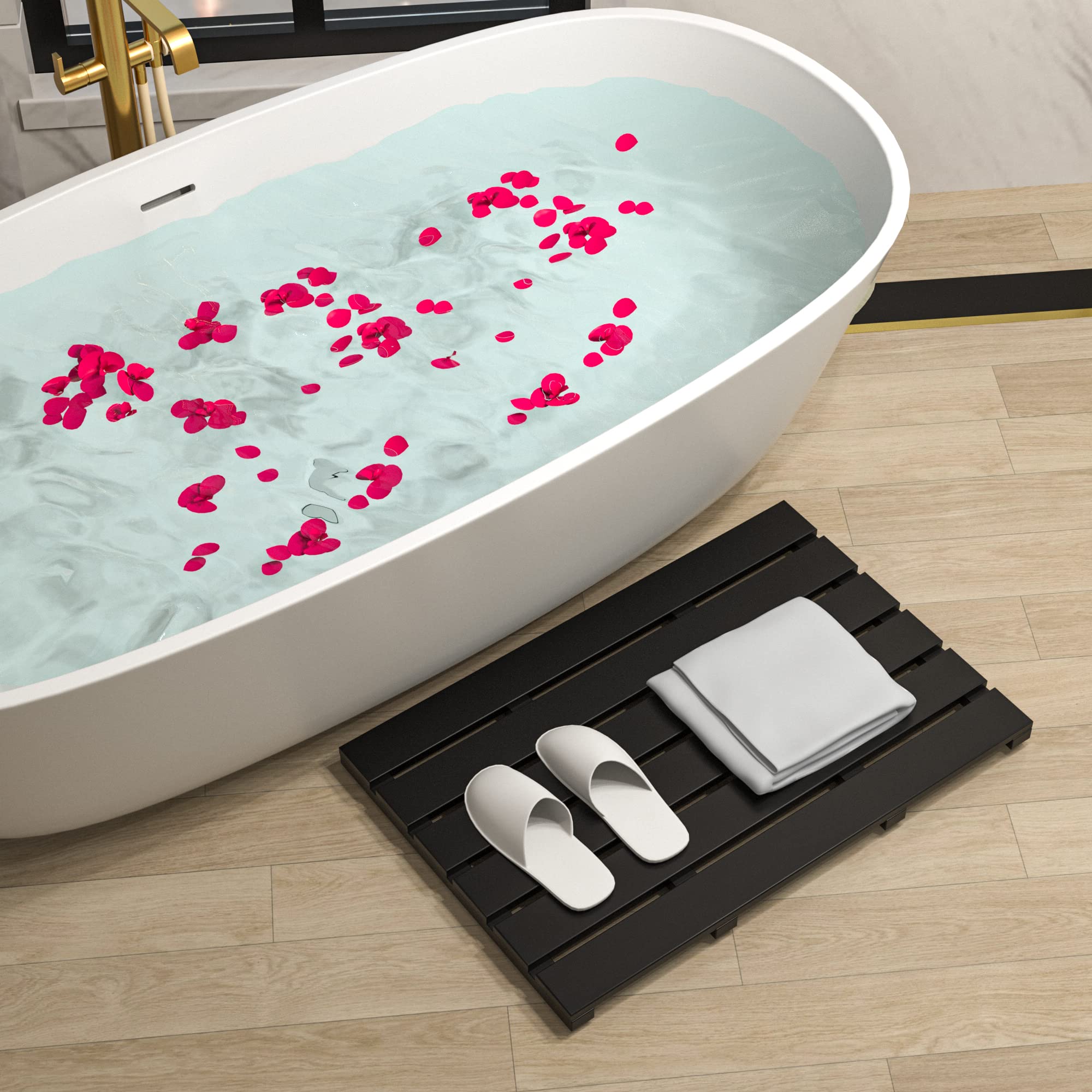 Bath Mat For Bathroom Luxury Shower - Non-Slip Bamboo Wooden Waterproof Floor Mat For Indoor Or Outdoor Use(Black)