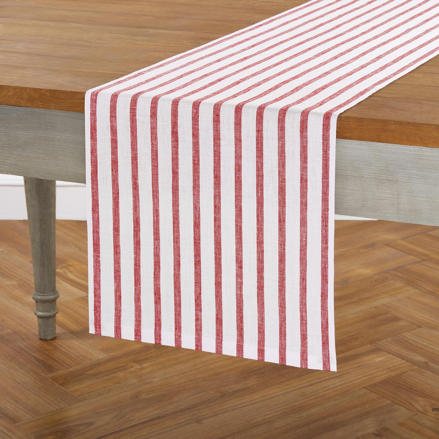 Solino Home Stripe Linen Table Runner 48 Inch - 100% Pure Linen Red And White Short Table Runner 14 X 48 Inch Ideal For Dresser