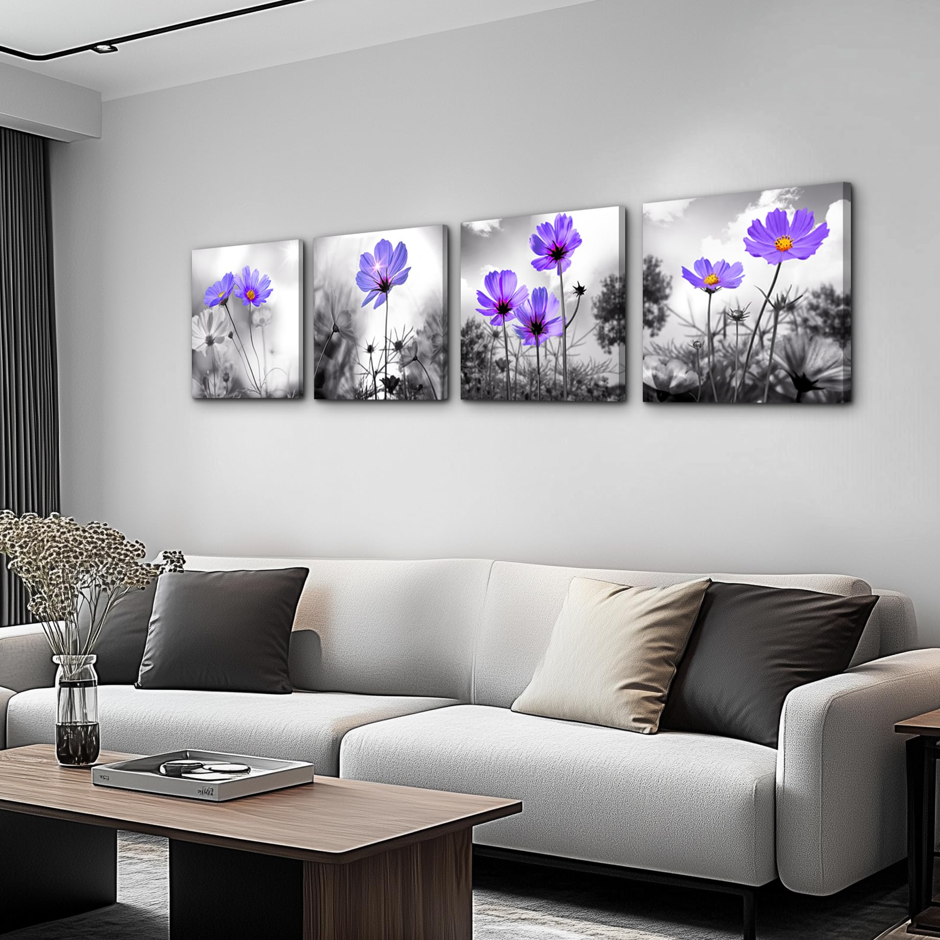 bathroom wall Decor wall art for bedroom Canvas Prints for kitchen poster pictures artwork Home wall Decorations for living room 16'' x 16'' 4 Pieces Framed Black and white landscape purple flowers