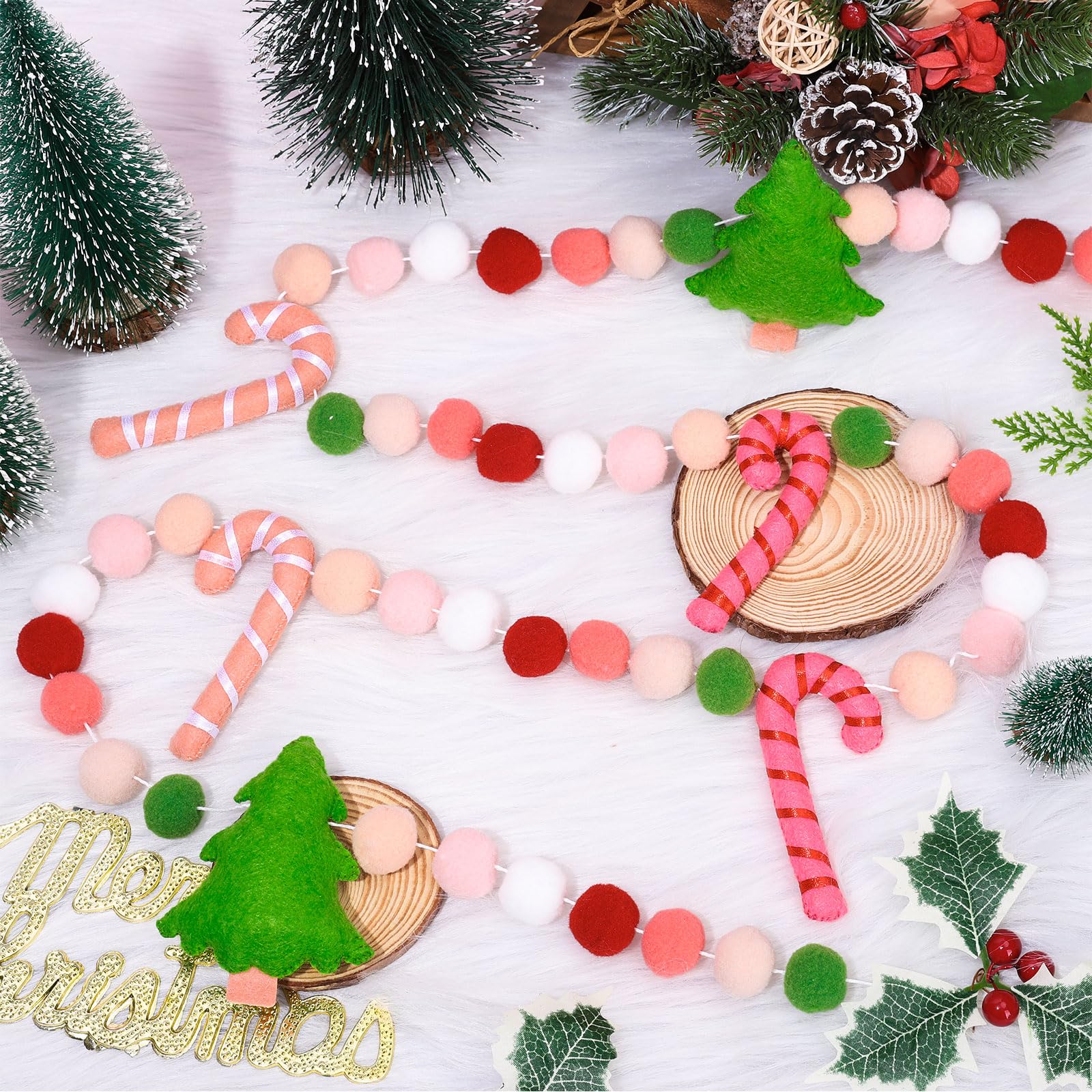 Whaline 8.2Ft Christmas Boho Felt Banner Xmas Tree Candy Cane Pom Pom Ball Pre-Strung Banner Pink Hanging Garland Ornament for H