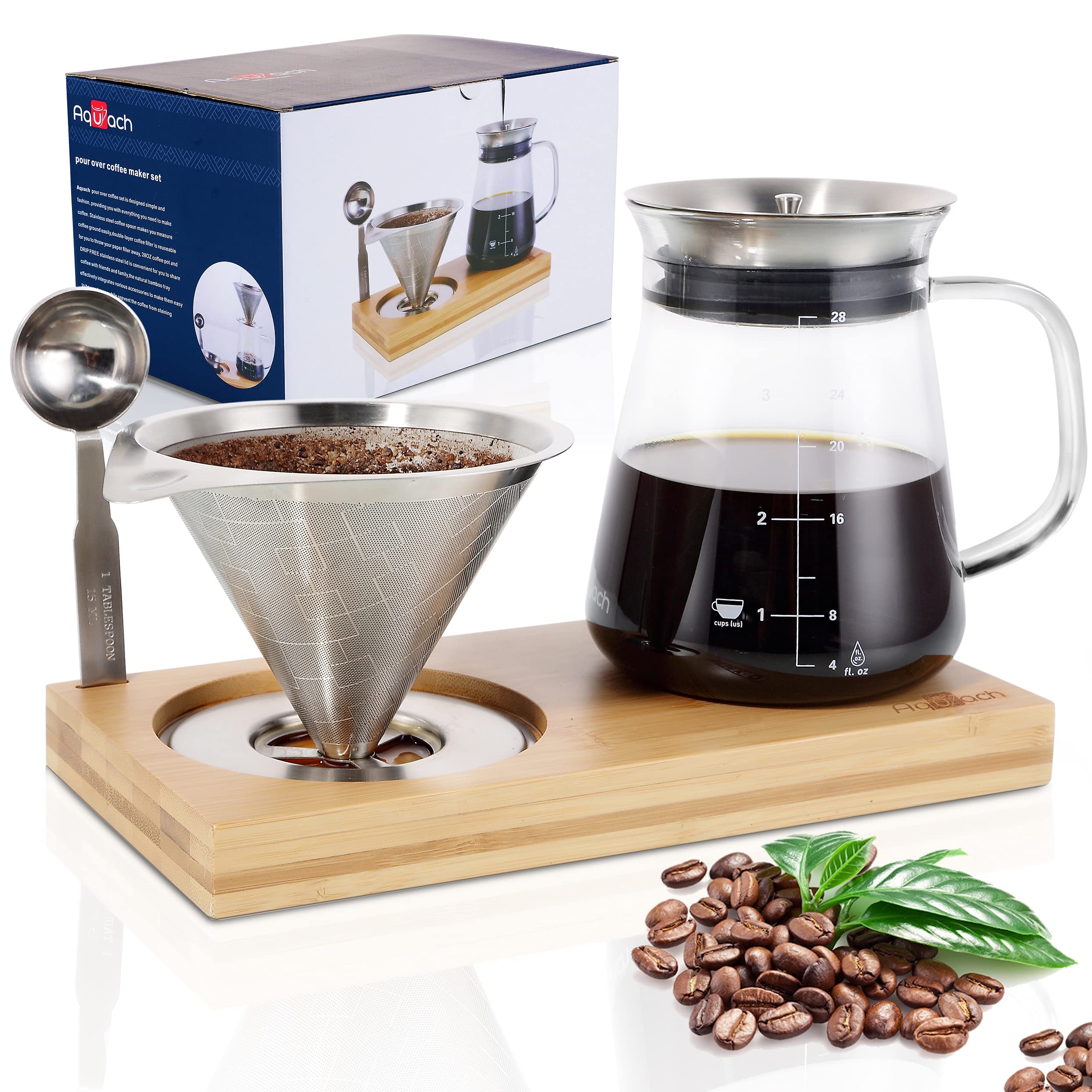 Aquach Pour Over Coffee Maker Set With Extra Large Coffee Dripper, 28 Oz Glass Carafe, Stainlesss Steel Coffee Scoop And Bamboo