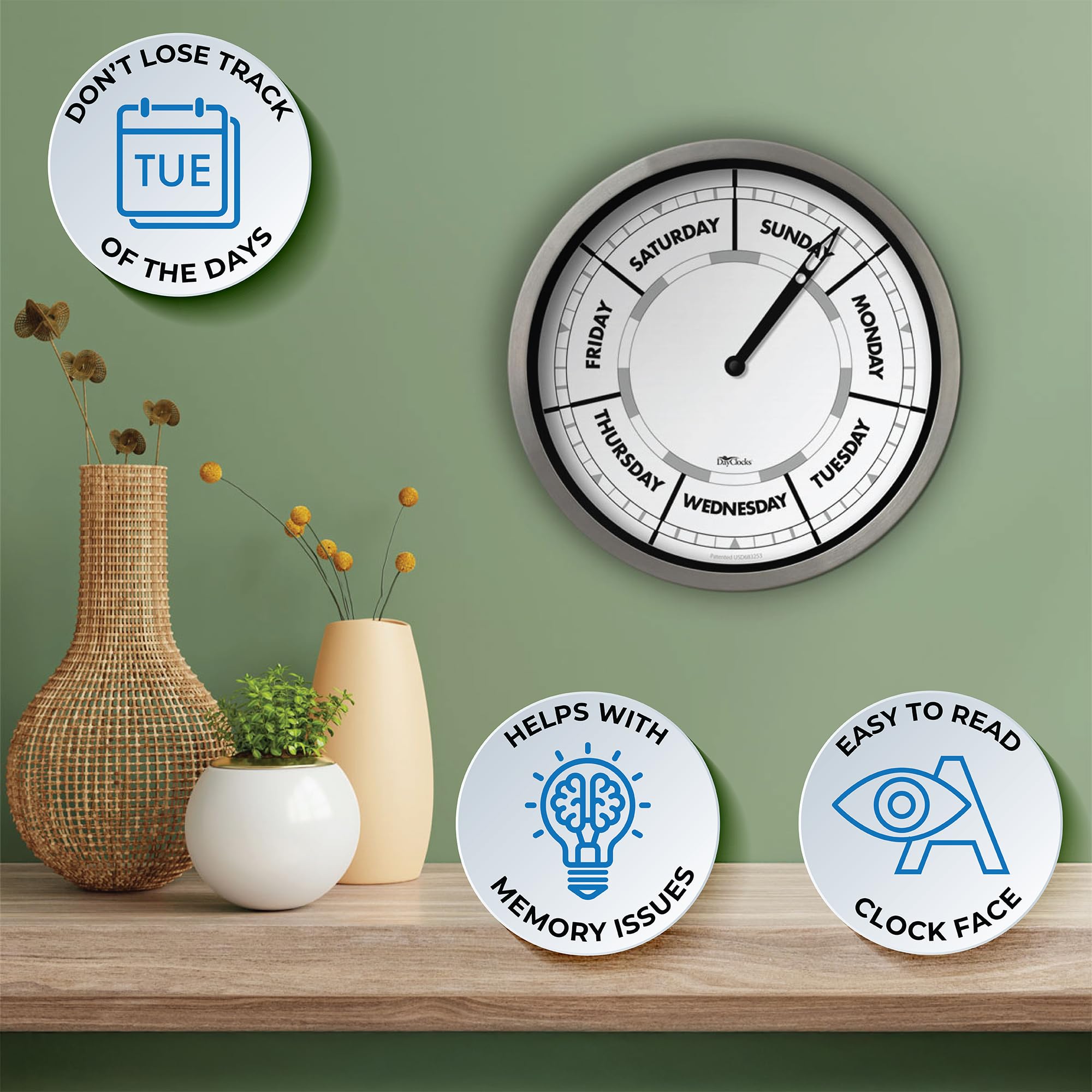 DayClocks Day of The Week Wall Clock with Aluminum Frame - Calendar Day Clock - Ideal Retirement Gift for Men & Women - 10