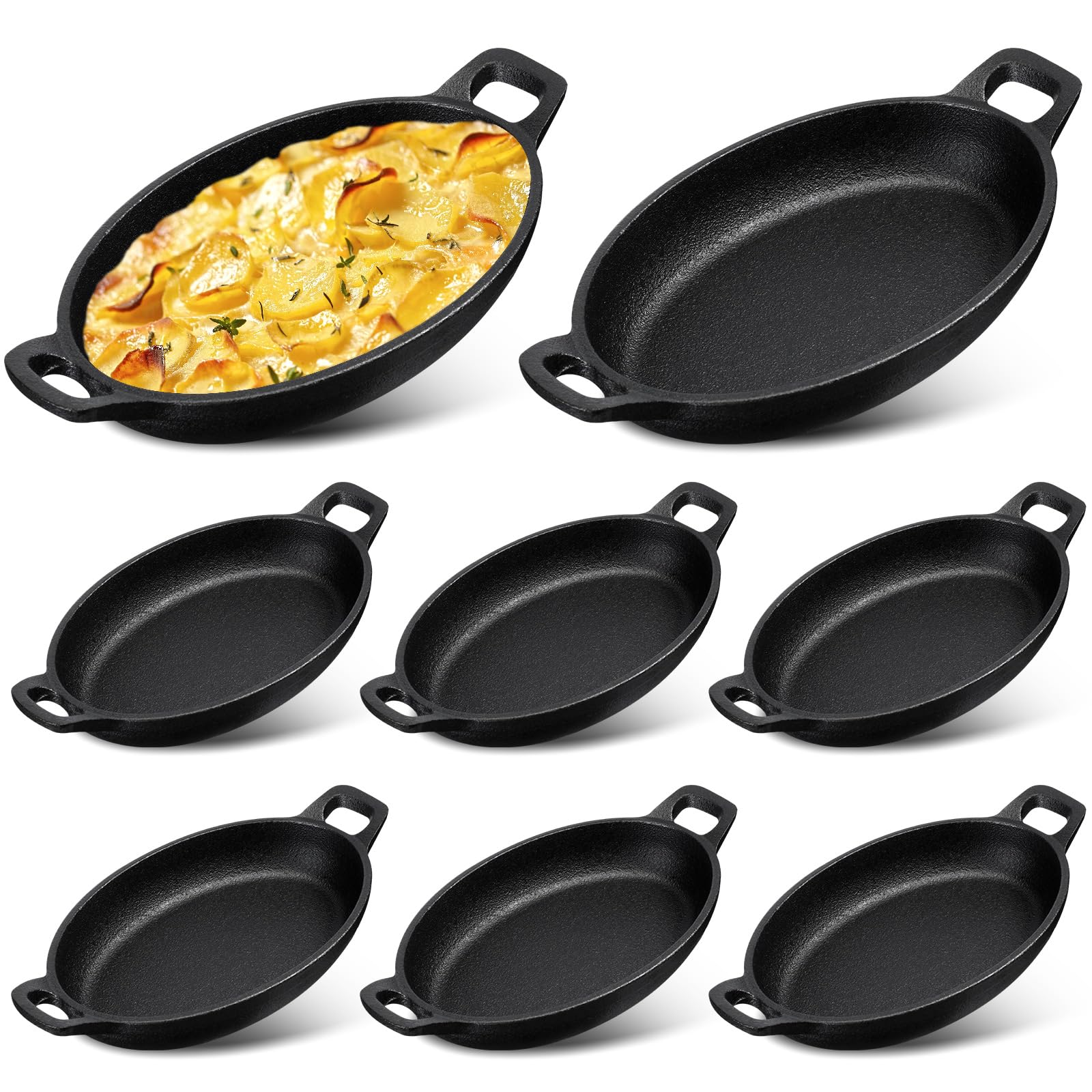 Mifoci 8 Pcs 16 Oz 8.7'' X 4.7'' Oval Serving Dish Mini Cast Iron Skillet Cast Iron Baking Pan Sizzling Plate Matte Black Gratin