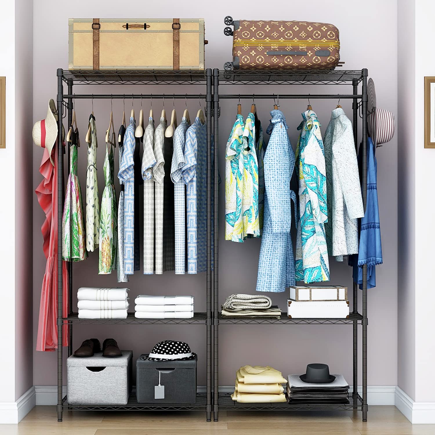 Xiofio 3 Tiers Heavy Duty Clothing Rack, Metal Garment Rack Coat Rack, Clothes Rack With 2 Side Hooks,Hanging Adjustable Garment