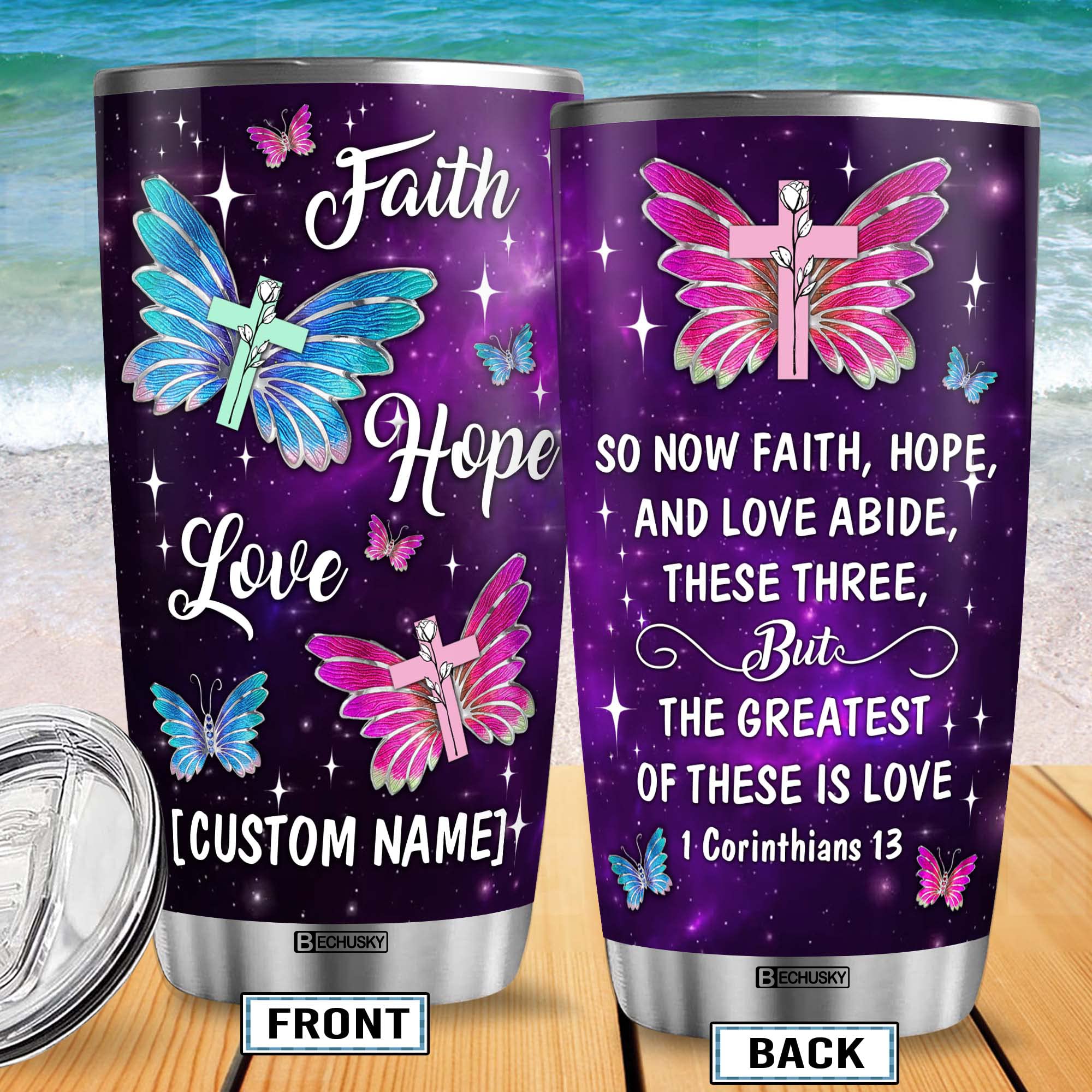 Bechusky Personalized Christian Tumbler, Christian Gift For Wonen, Butterfly Faith Hope Love Mug, Custom Name Bible Verse Christ