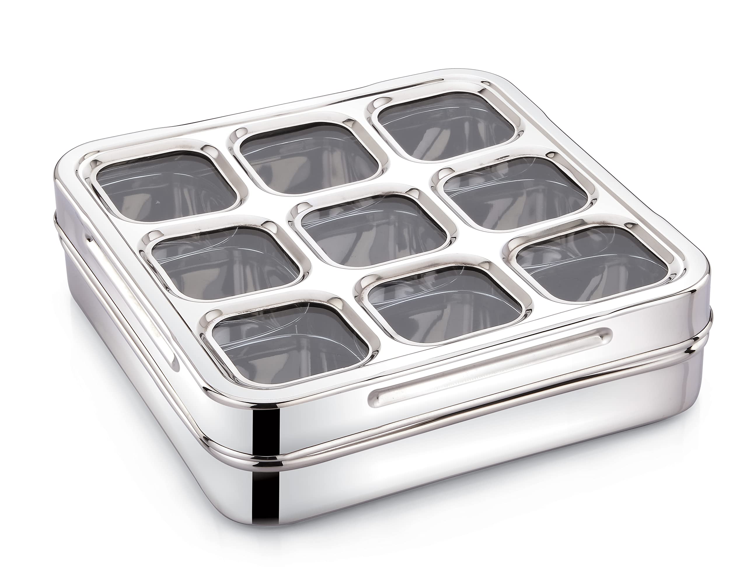 Expresso 9 Square Stainless Steel Spice Box, Organiser With 9 Compartment, Popula Dabba, Square Masala Dani For Kitchen, Rust Re
