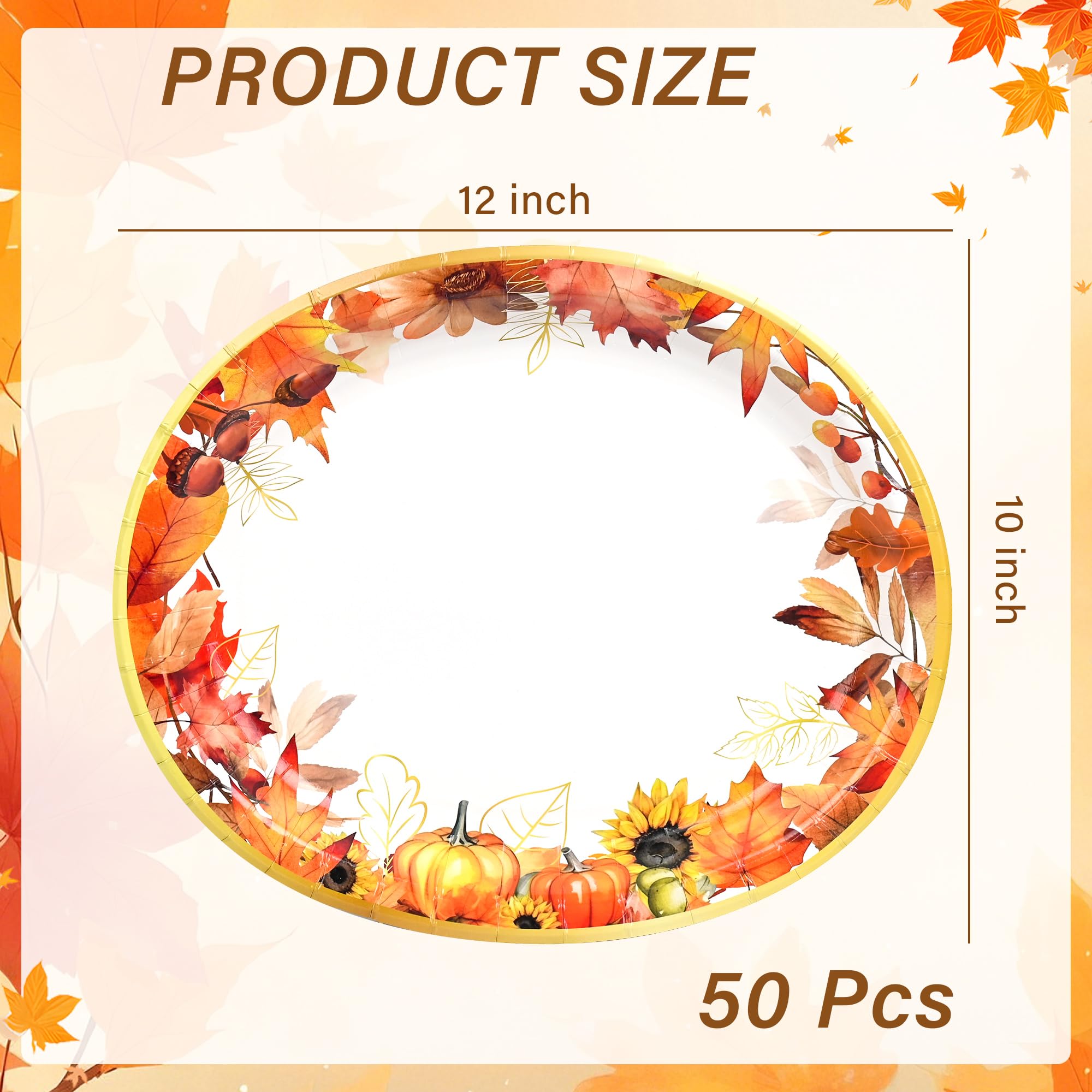 50Pcs Fall Oval Paper Plates Party Supplies Thanksgiving Autumn Plates Disposable Heavy Duty Watercolor Maple Leaves Plate for F
