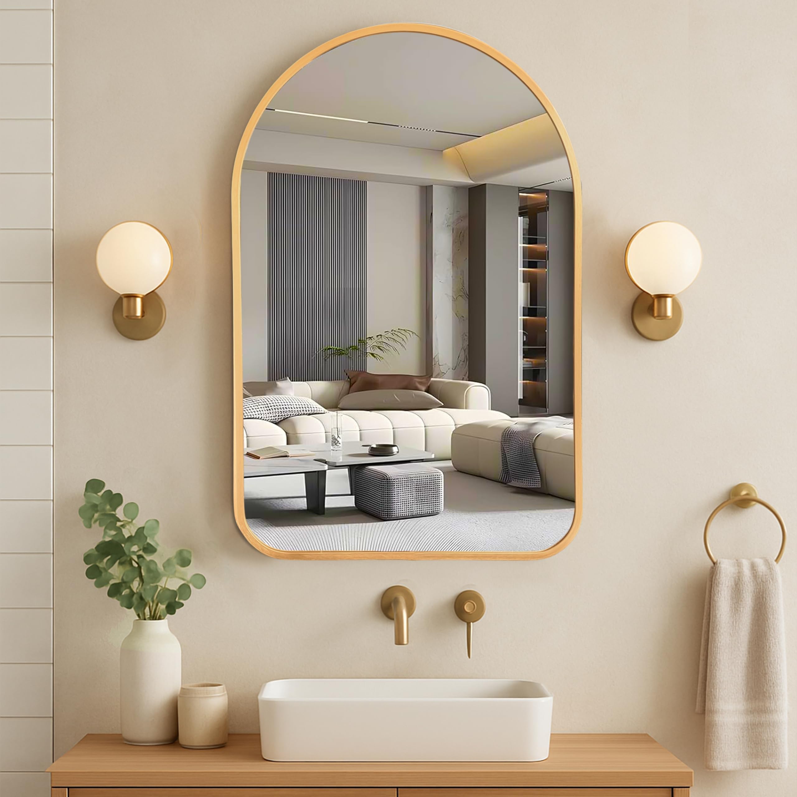 Art Street Rectangular Decorative Wall Mirror With Aluminum Metal Frame Gold | Rounded Corner Modern Design Vanity Mirror For Ma