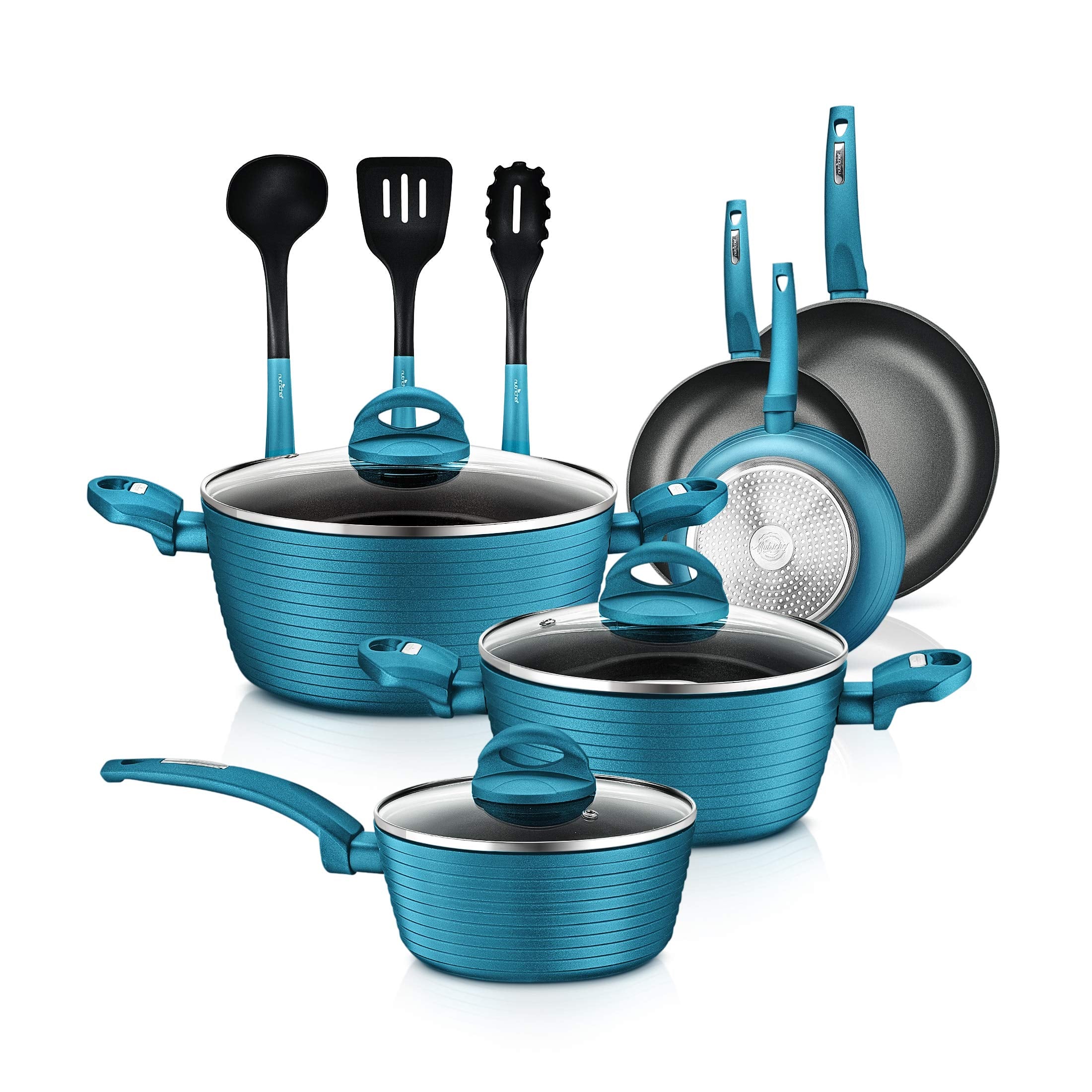 NutriChef Professional 12-Piece Nonstick Cookware - PFOA/PFOS-Free, Heat Resistant Lacquer, Elegant Design, Multi-Sized Pots and