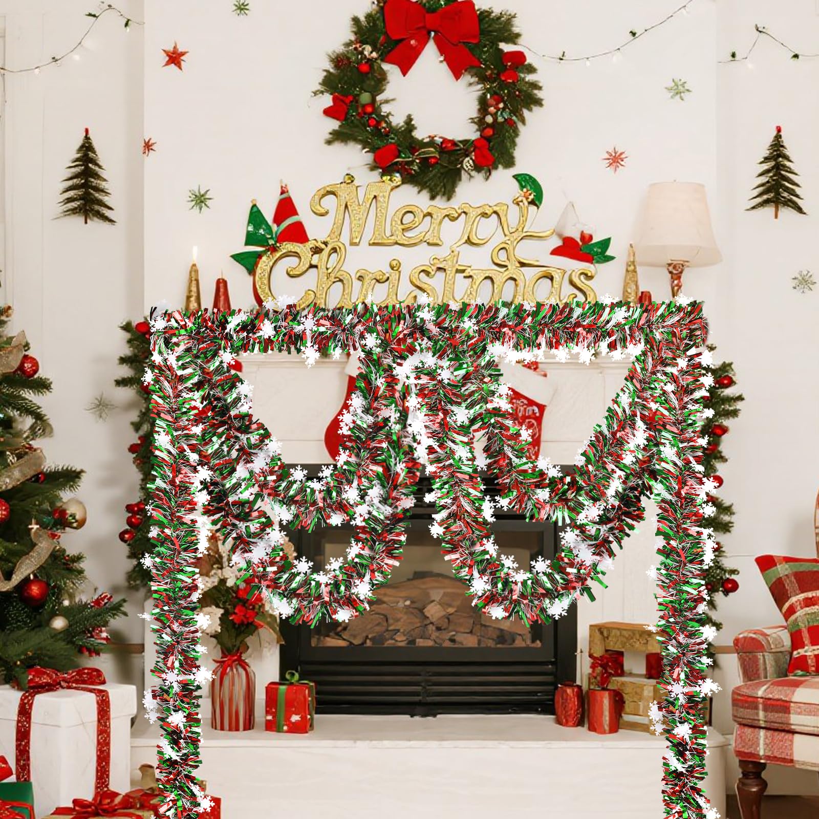 FOIMAS 33 Feet Christmas Tinsel Garland, Metallic Red and Green Christmas Garland with Snowflake Hanging Garland for Xmas Tree F