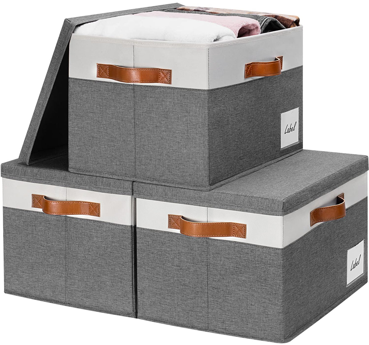 Ghvyennttes Fabric Storage Bins With Lids (3-Pack) Large Closet Storage Bins With Lid And 3 Pu Handles, Foldable Fabric Storage