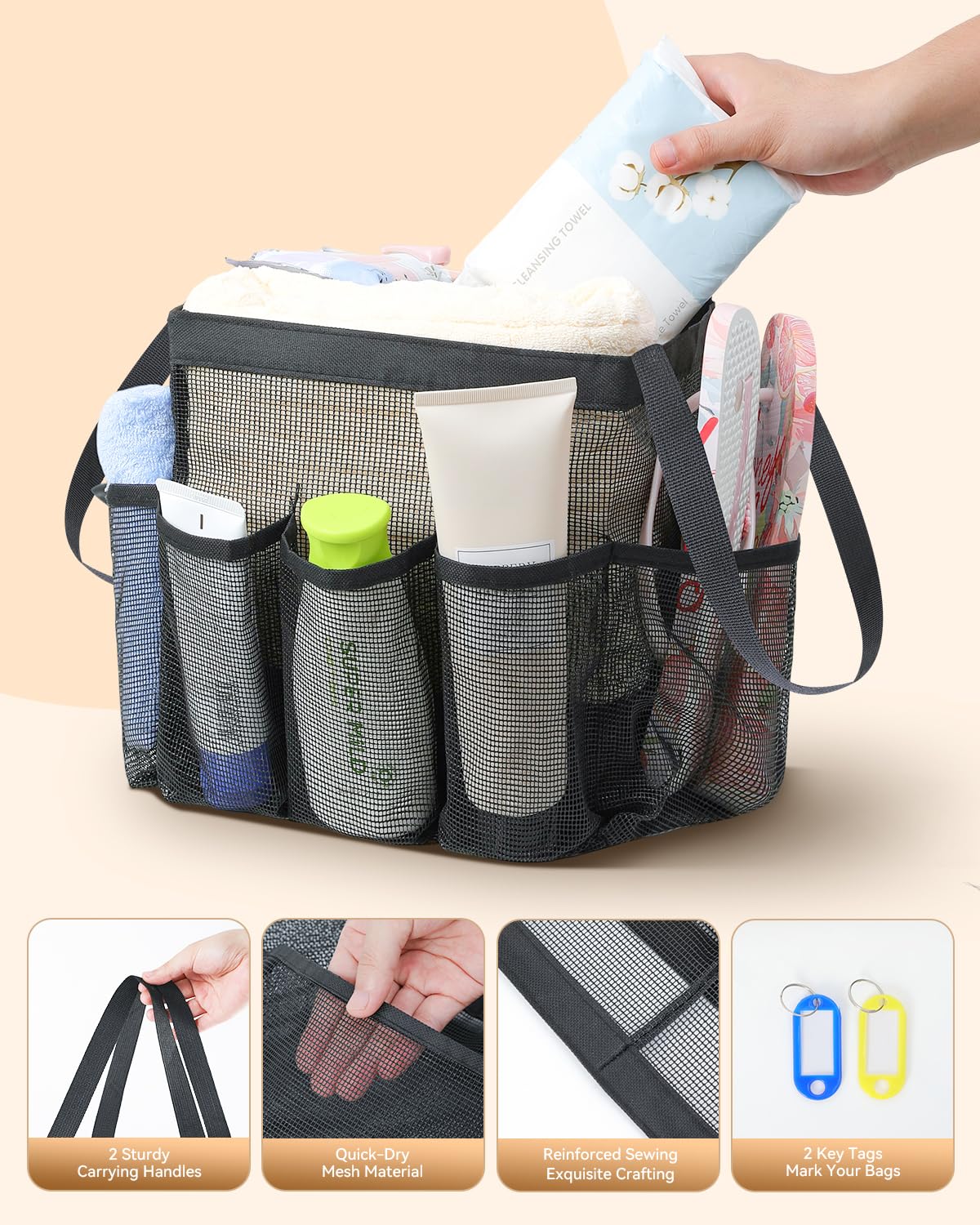 Temede Mesh Shower Caddy Tote, Large Shower Caddy Basket Portable, Quick Dry Hanging Toiletry Bag, 8 Storage Pocket Handle Bath
