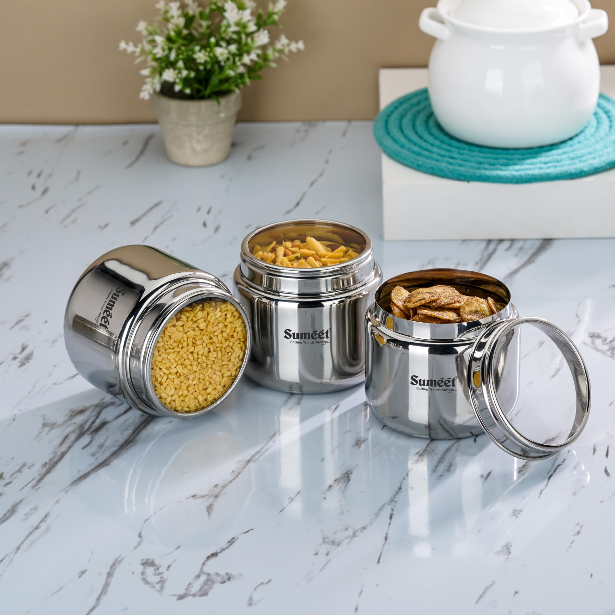Sumeet Stainless Steel Small Canisters/Dabba/Storage Containers For Kitchen With See Through Lid, Set Of 3 Pcs, 400Ml Each, 9Cm