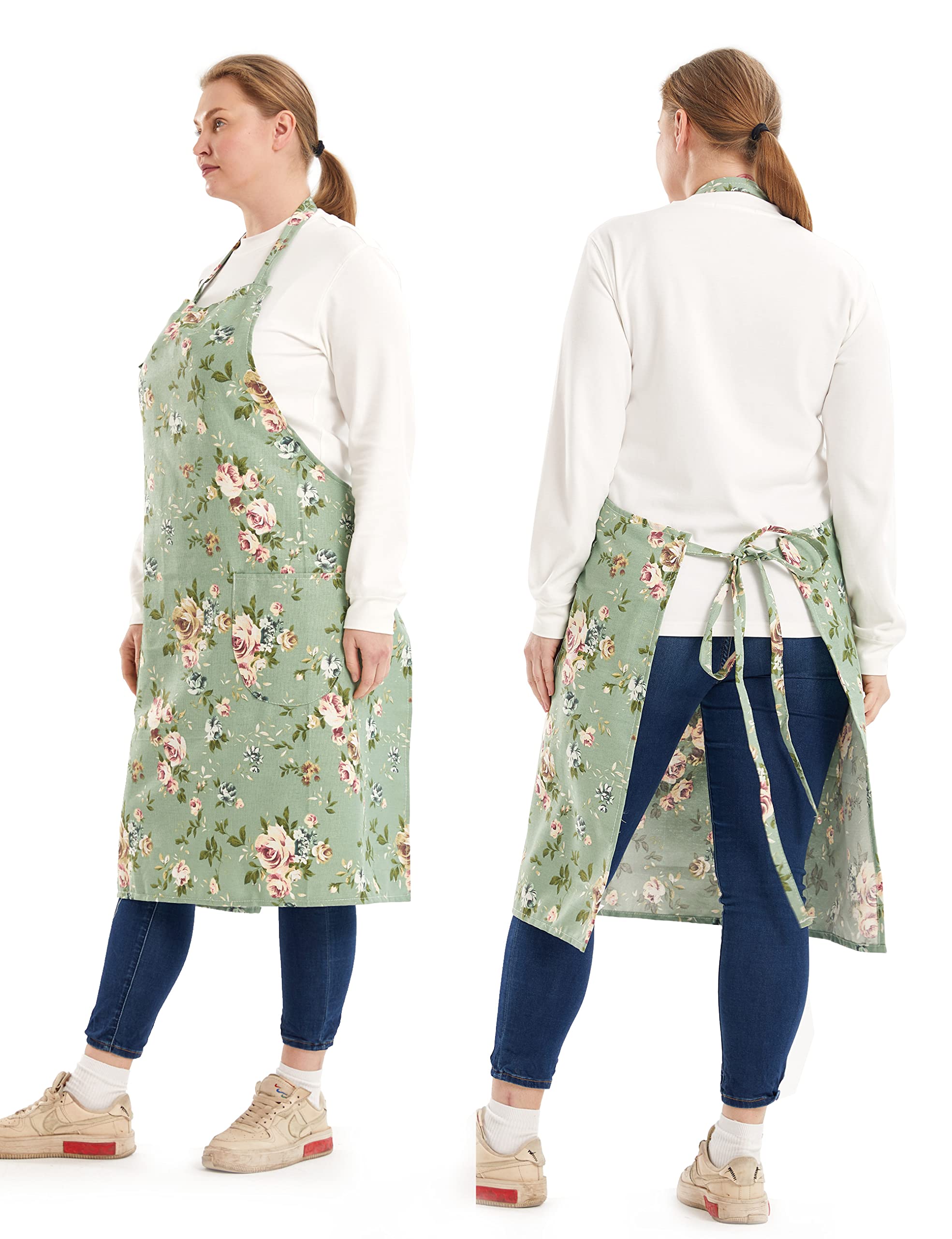 Apronner Cotton Linen Baking Plus Size Aprons For Women With Pockets Kitchen Cooking Flower No.25