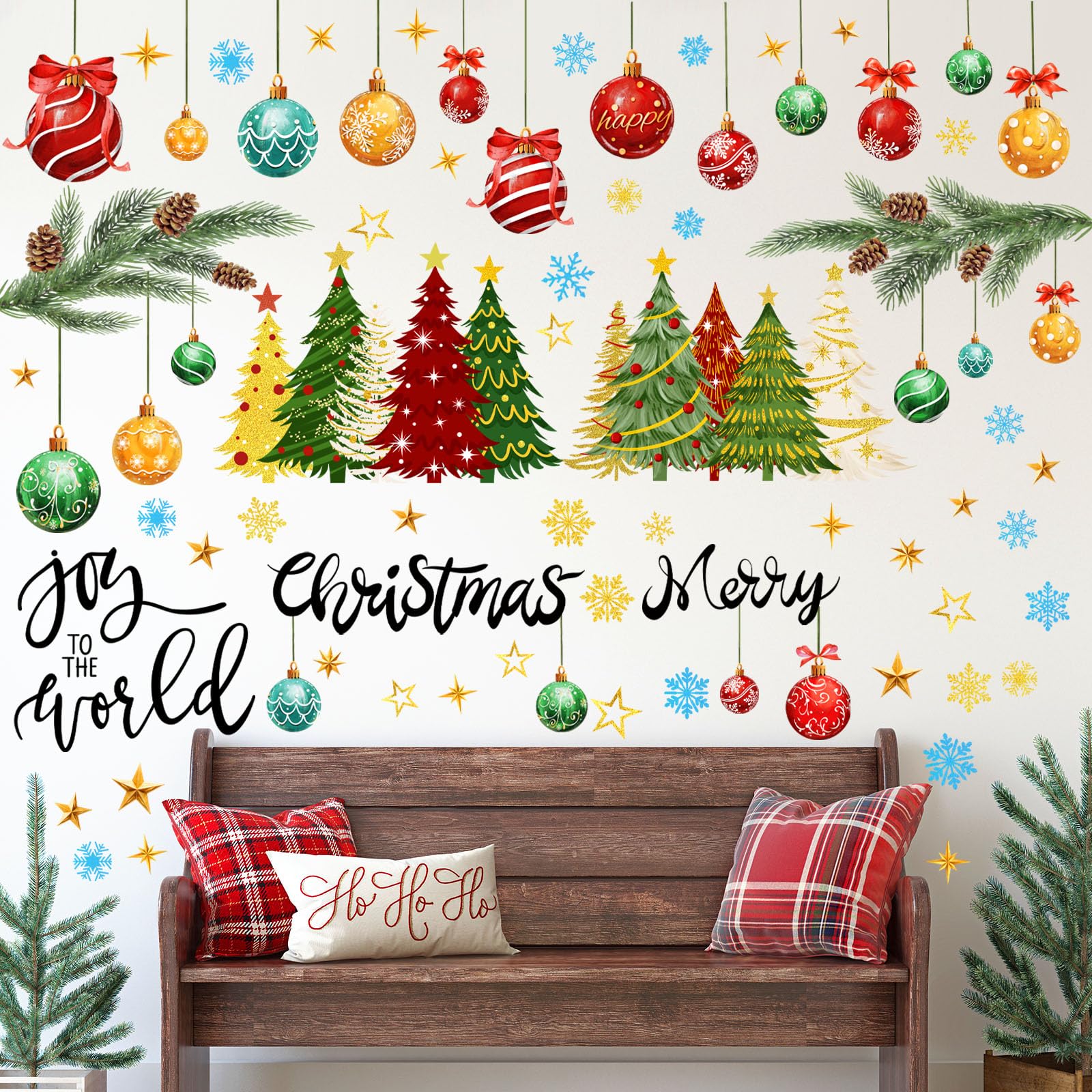 Chivertion 6 Sheets Vintage Christmas Wall Sticker, Oil Painting Xmas Tree Ball Pine Needle Decals, Winter Snowflake Stickers fo