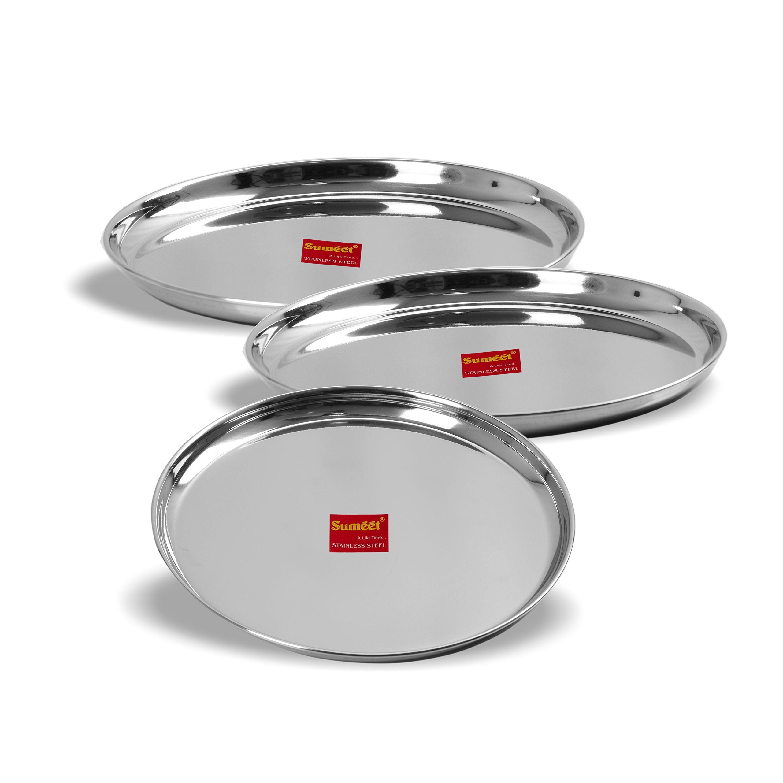 Sumeet Stainless Steel Heavy Gauge Dinner Plates with Mirror Finish 30cm Dia - Set of 3pc
