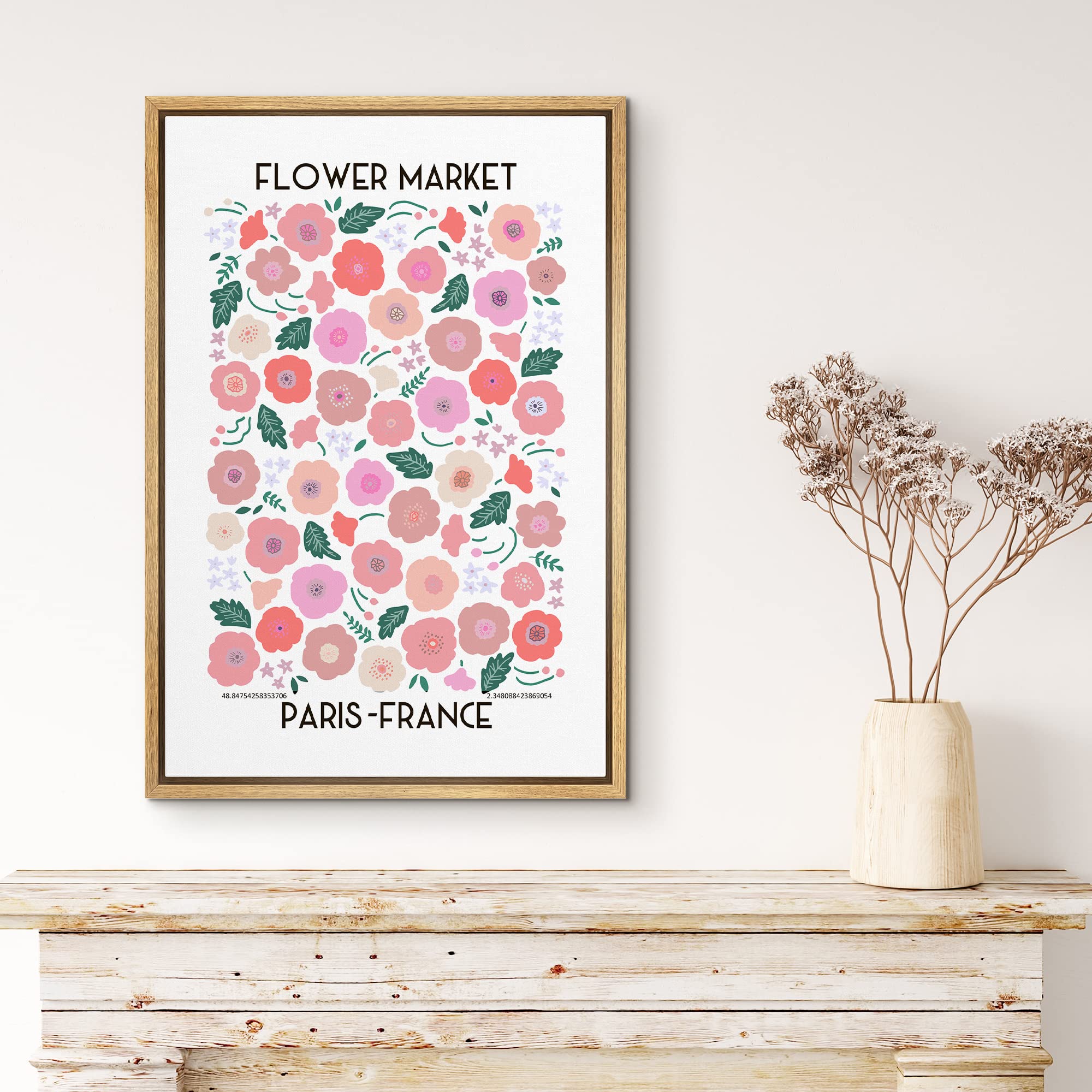 Mudecor Framed Canvas Print Wall Art Paris France Pink, Red & Green Flower Market Floral Nature Illustrations Modern Art Chic Co