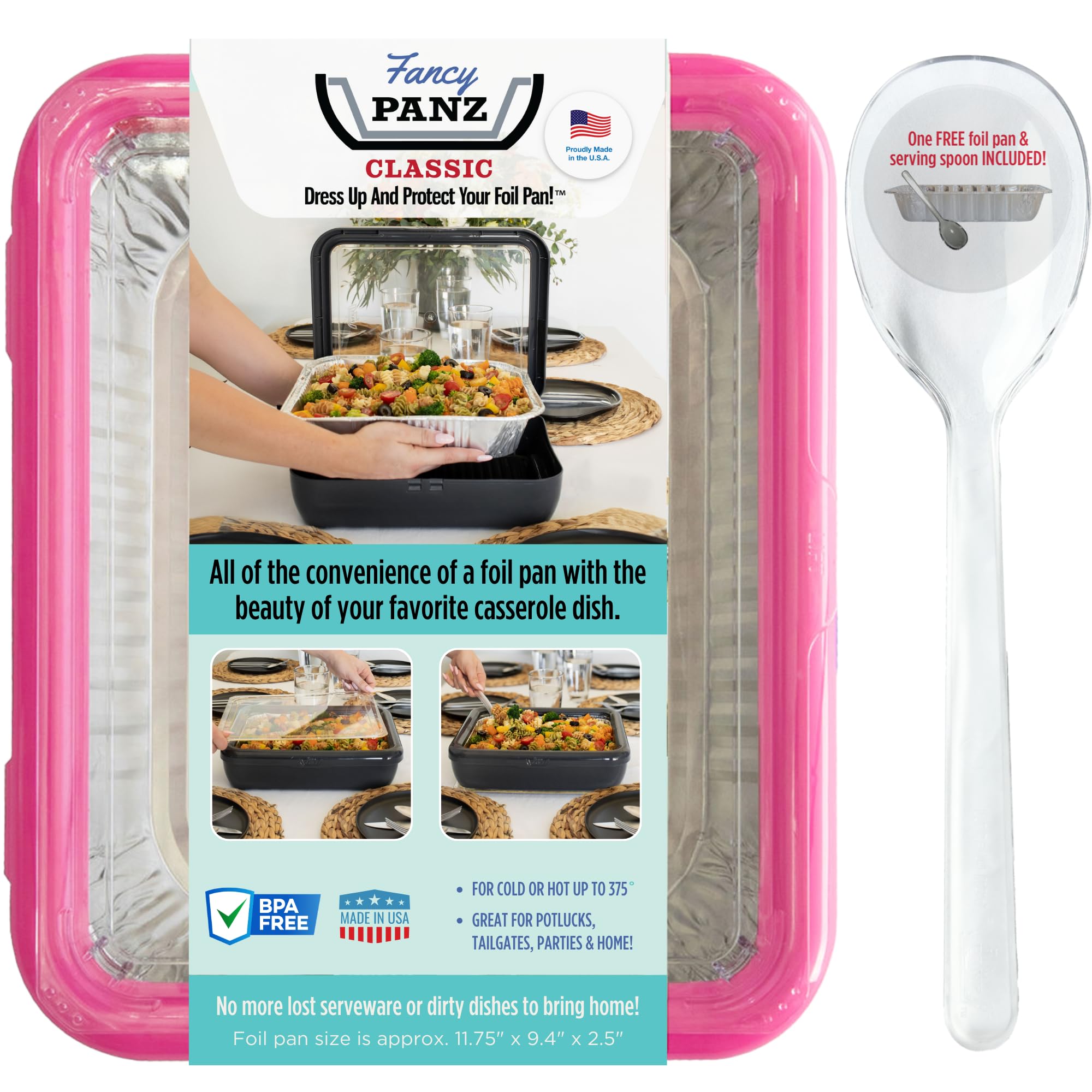 Fancy Panz Classic, Dress Up & Protect Your Foil Pan, Made in USA, Fits Half Size Foil Pans. Foil Pan & Serving Spoon Included. 