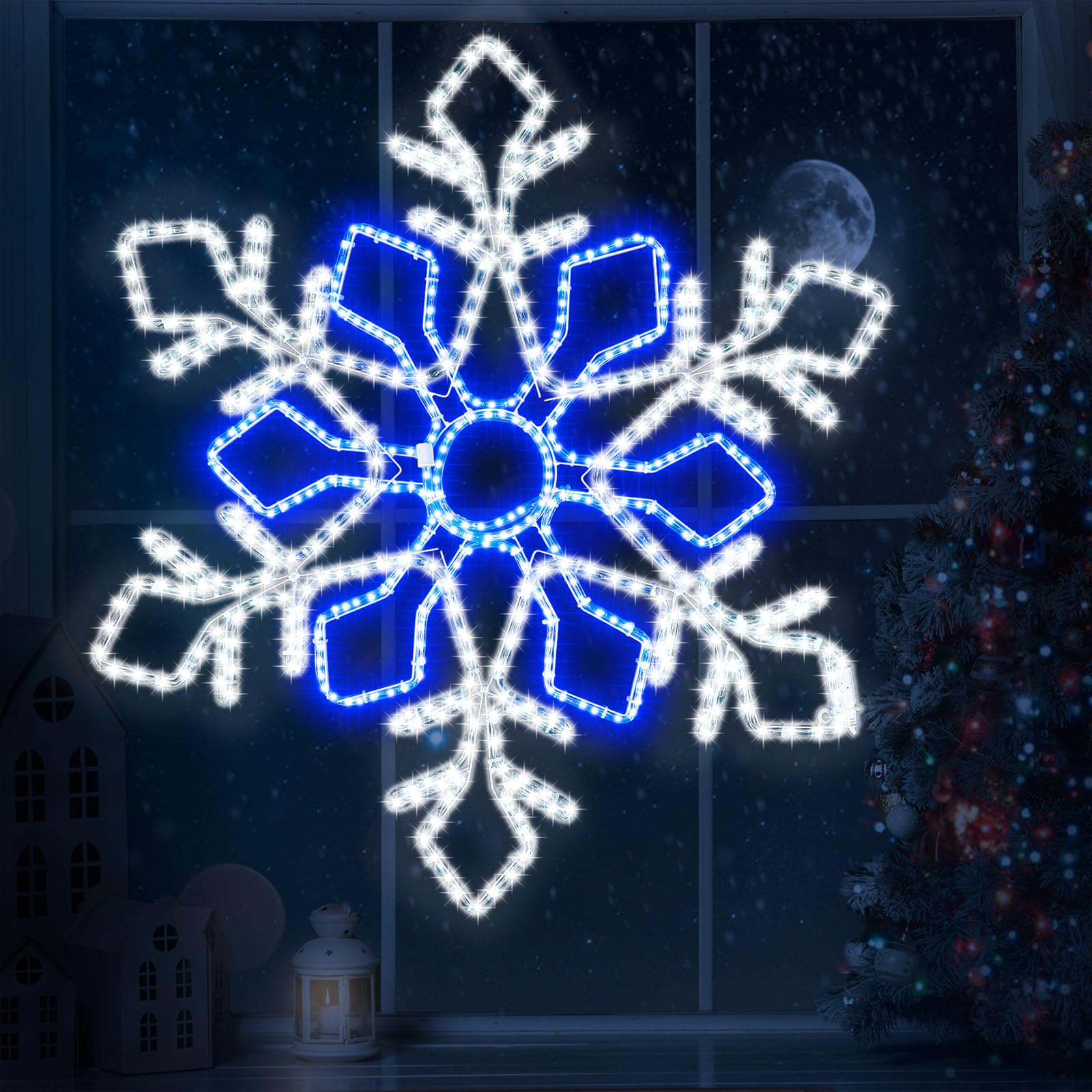 Wettal 36 Inch Christmas Snowflake Lights Outdoor Decor, Waterproof Blue & White LED Large Light Up Christmas Snowflake Hanging 