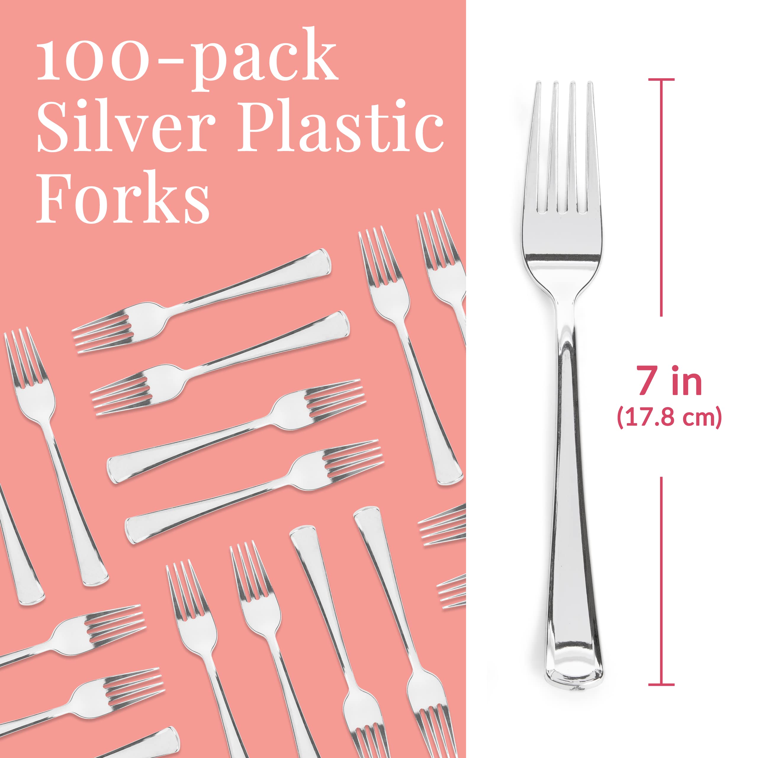 Prestee 100 Silver Plastic Forks Heavy-Duty, Heavyweight Plastic Silverware Forks, Fancy Plastic Cutlery, Elegant Disposable For