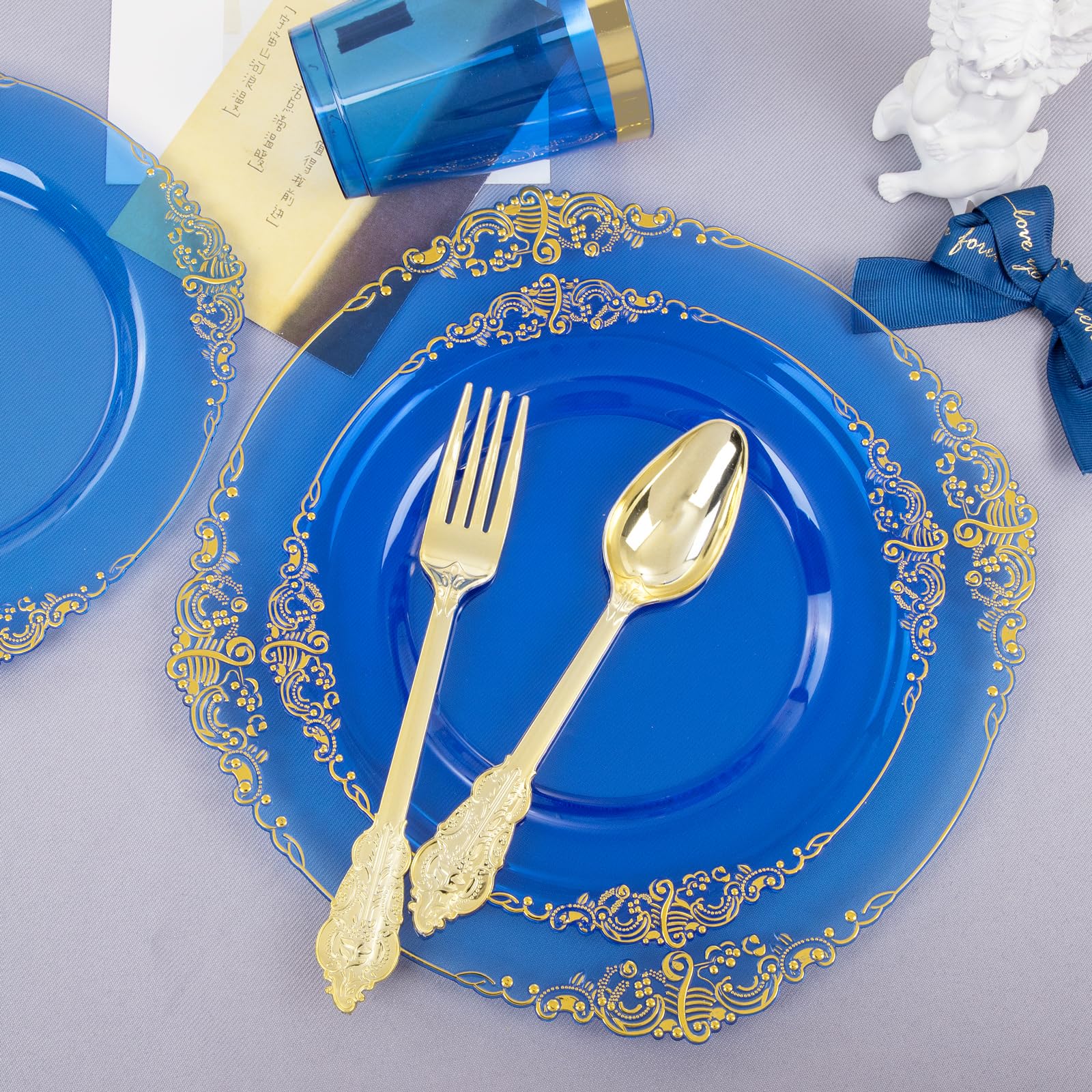 Nervure 350Pcs Blue Plastic Plates - Blue Plastic Dinnerware Sets For 50 Guests - 100 Blue Disposable Plates, 150 Gold Plastic S