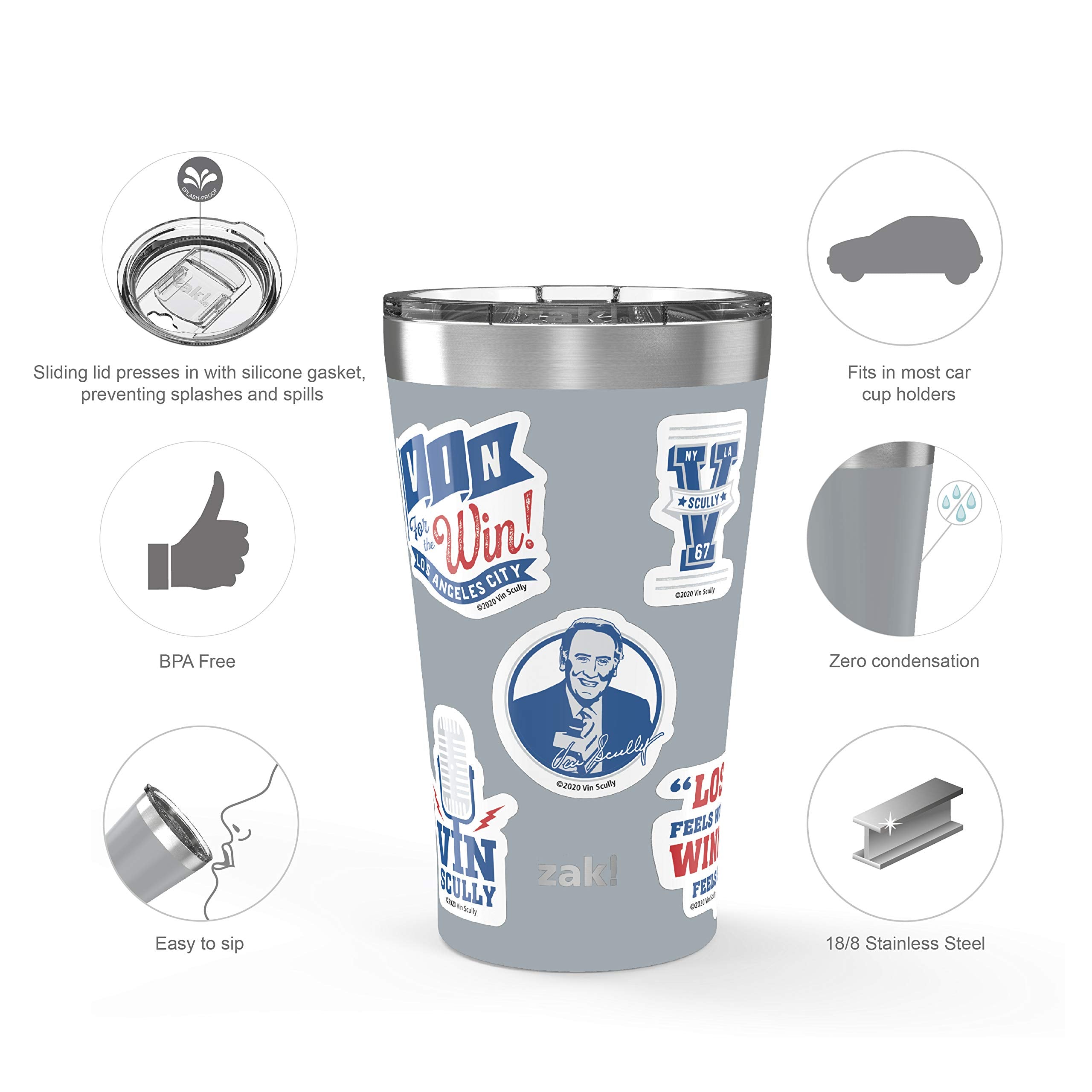 Zak Designs 18/8 Vacuum Insulated Stainless Steel Travel 20Oz With Press-In Lid And Splash-Proof, Includes Vin Scully Vinyl Pers