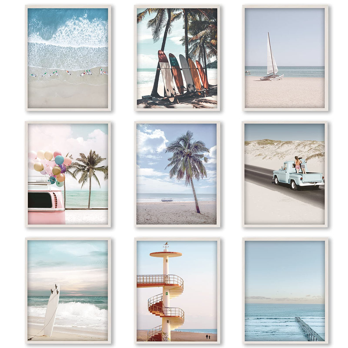 9 Pieces Beach Wall Art Prints Ocean Beach D  Cor Nautical Themed Posters Teens Girls Bedroom Decor, 8 X 10 Inch, Beach Wall Art