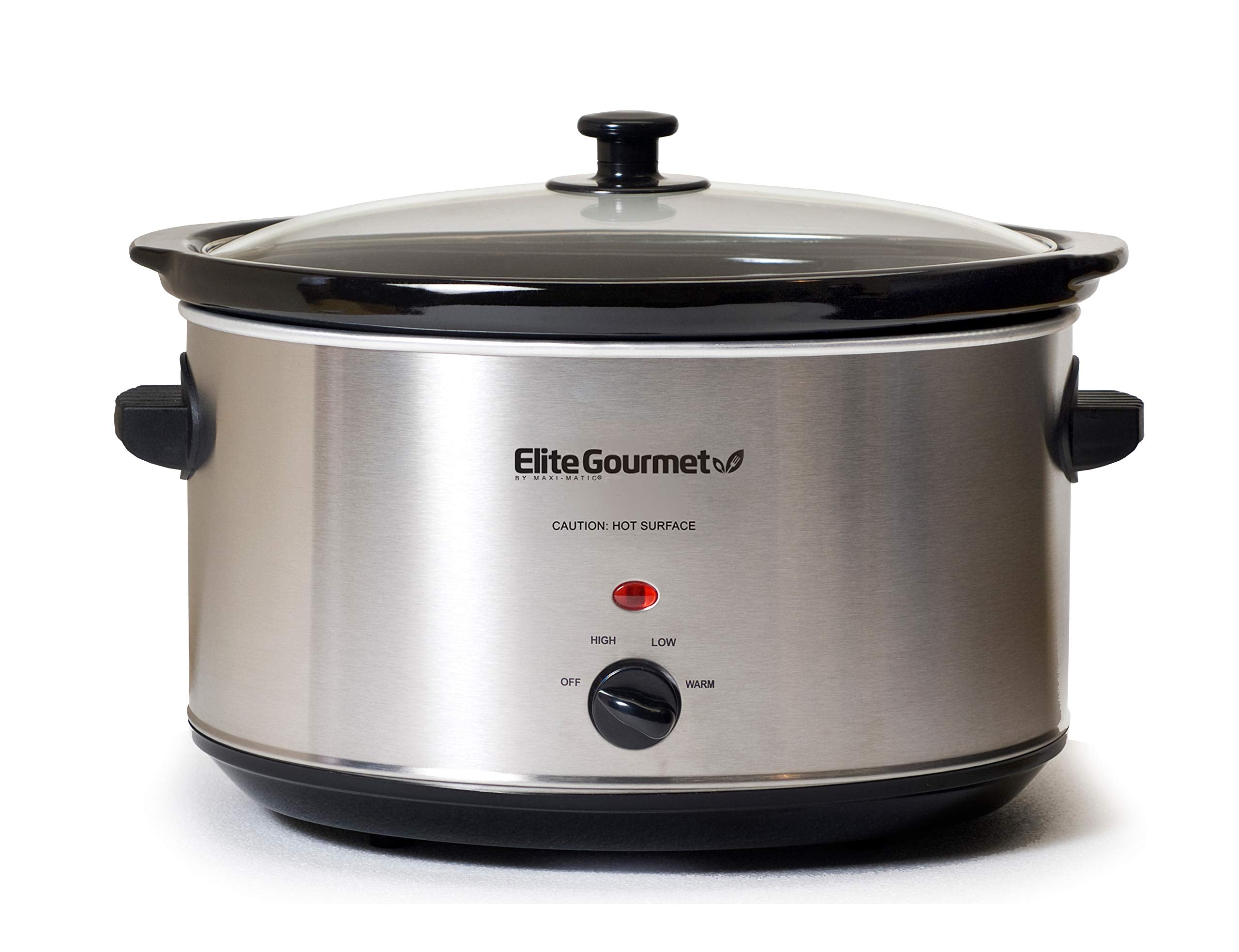 Elite Gourmet Stainless Steel Slow Cooker, Dishwasher-Safe With Tempered Glass Lid, Cool-Touch Handles, Removable Stoneware Pot,