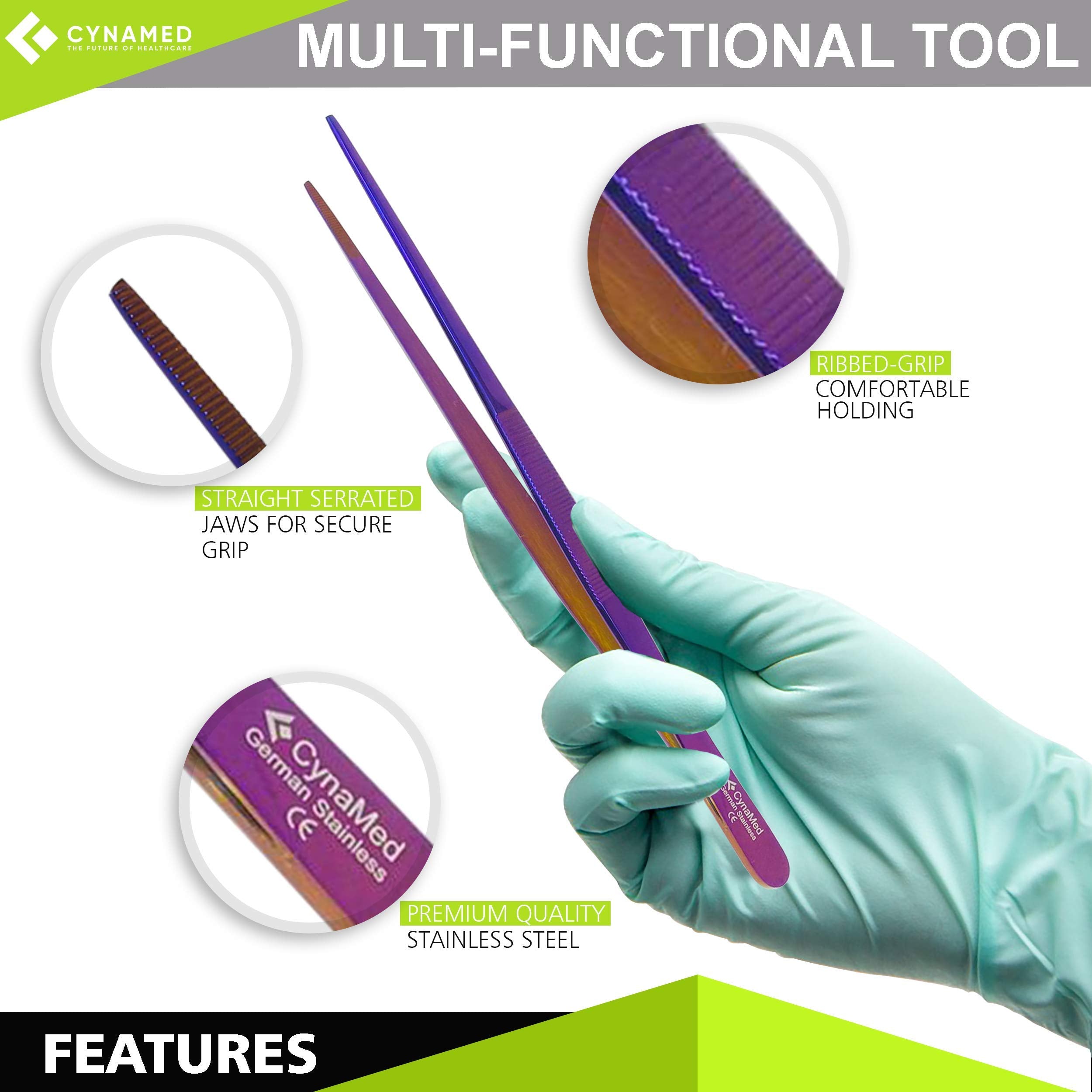 Cynamed 10    Kitchen Premium Tongs Tweezers Stainless Steel, Long With Precision Serrated Tips (Purple)
