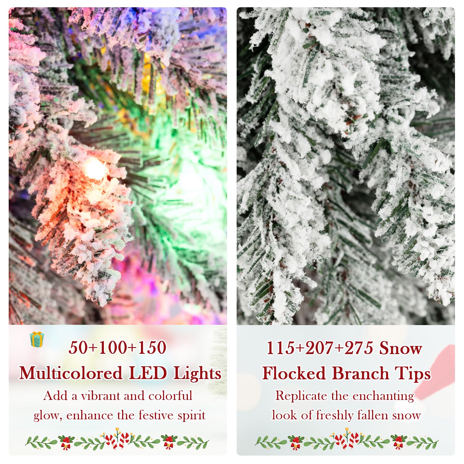 Goplus 3 4 5 Pre-Lit Snow Flocked Christmas Tree Set of 3, Slim Pencil Artificial Xmas Trees with 300 Multicolored LED Lights