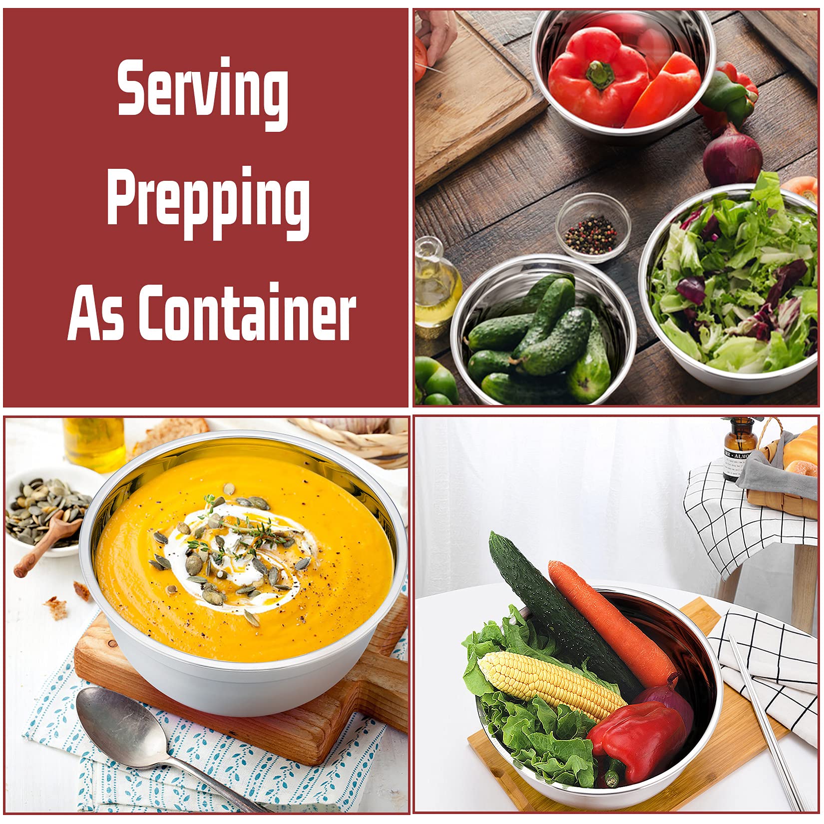 P&P Chef Red Mixing Bowls With Lid Set, Stainless Steel Nesting Salad Bowl And Tight Lid For Mixing & Serving & Perpping, Non-Sl