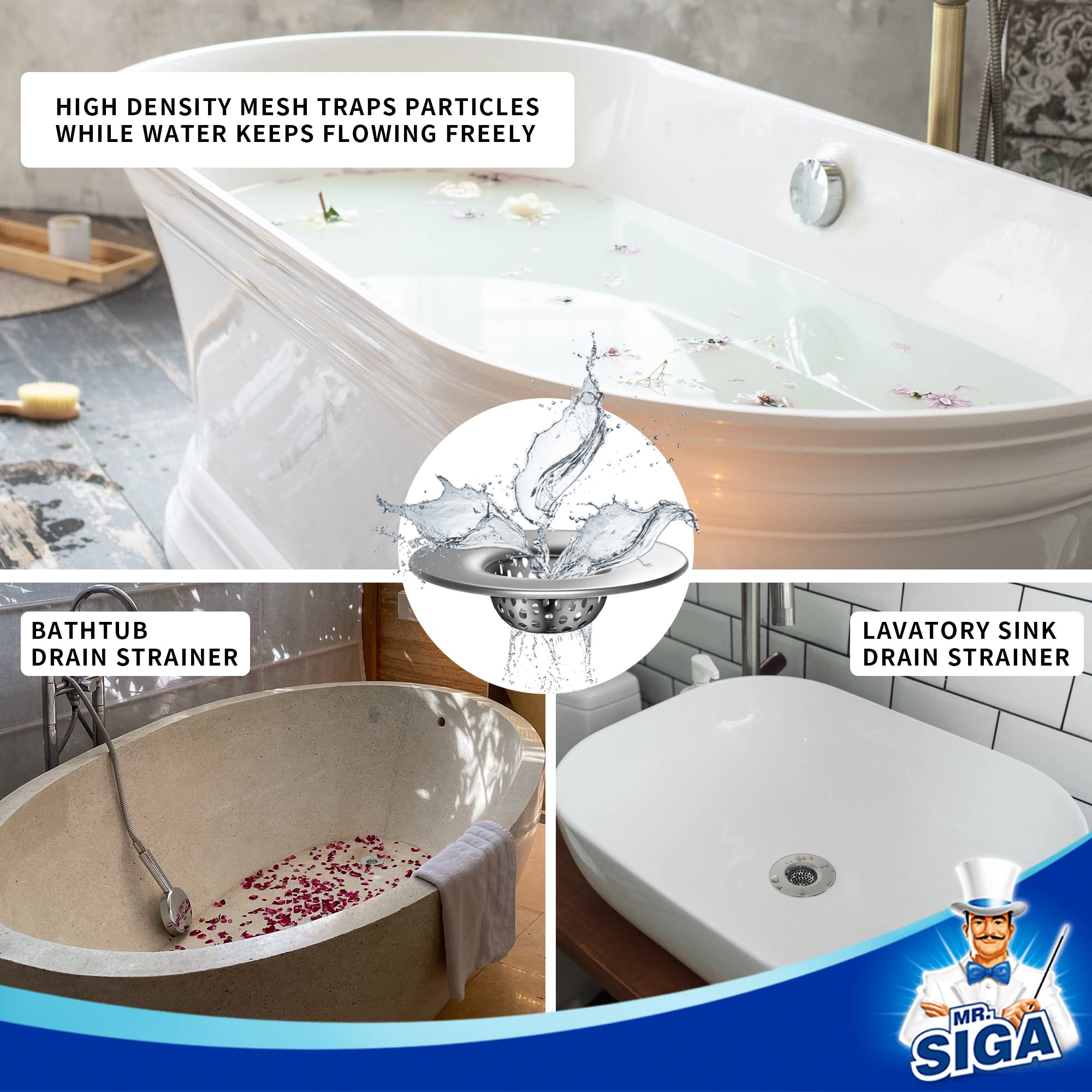 MRSIgA Bathroom Sink Strainer  Utility  Slop  Bathtub Lavatory Sink Drain Strainer Hair catcher  Stainless Steel Shower Drain Strainer  3 Pack