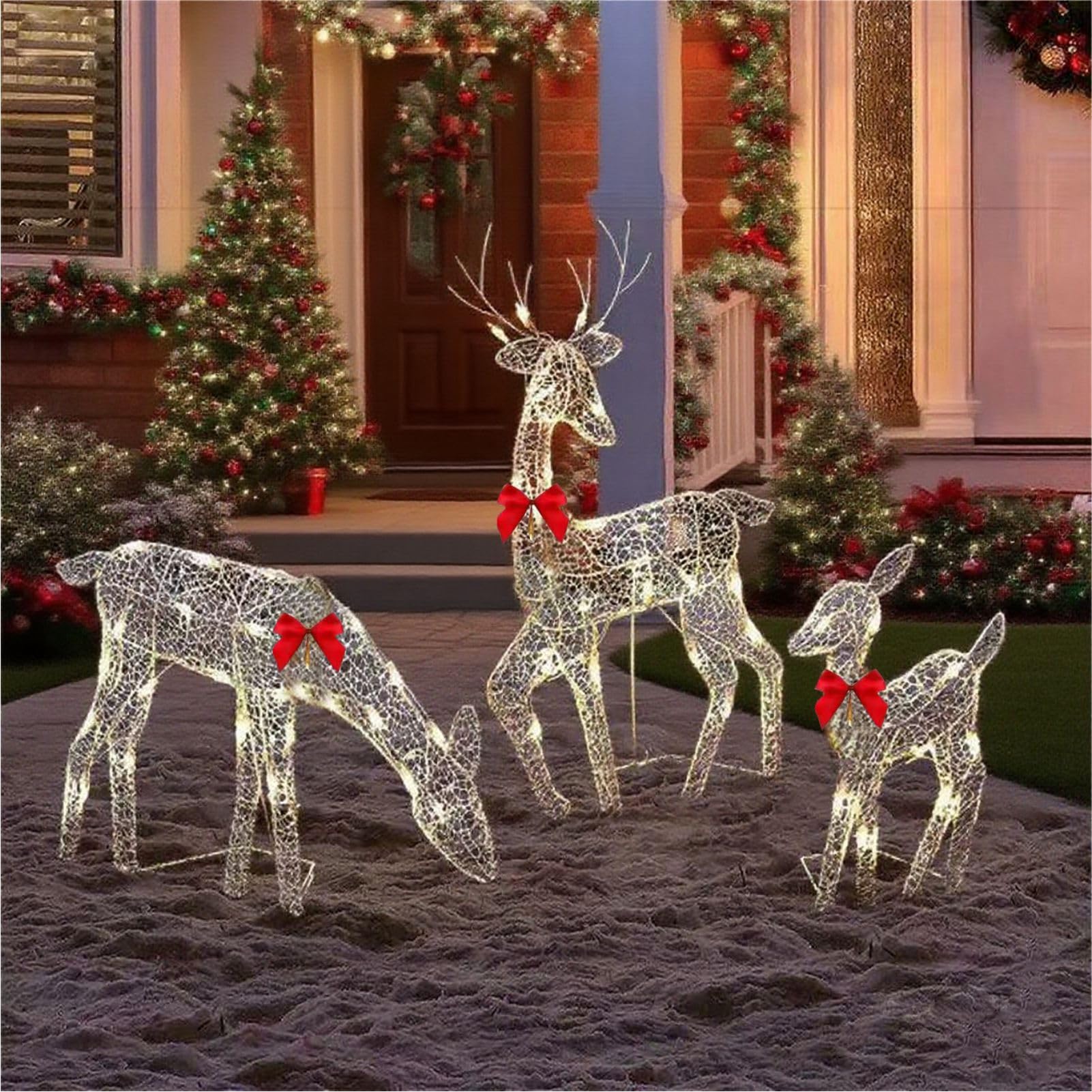 Pre-Lit Outdoor Christmas Deer Family Set, 2D Lighted Reindeer Decoration, 60 LED Warm White Lights, 3-Piece, Waterproof,Battery