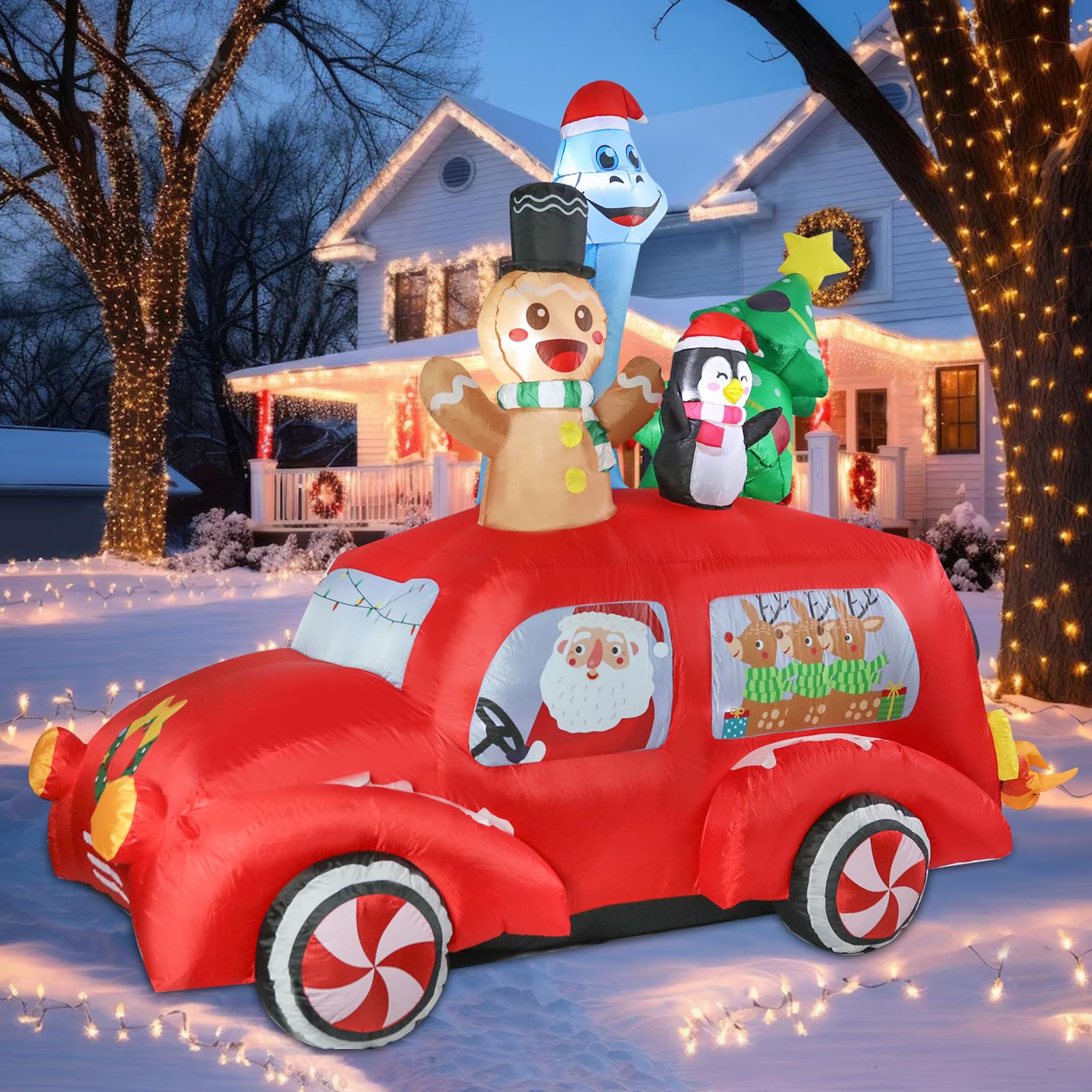 Risenor 7.5 FT Long Christmas Inflatables Gingerbread Man Penguin Dinosaur with Xmas Tree and Santa Outdoor Decorations, Inflata