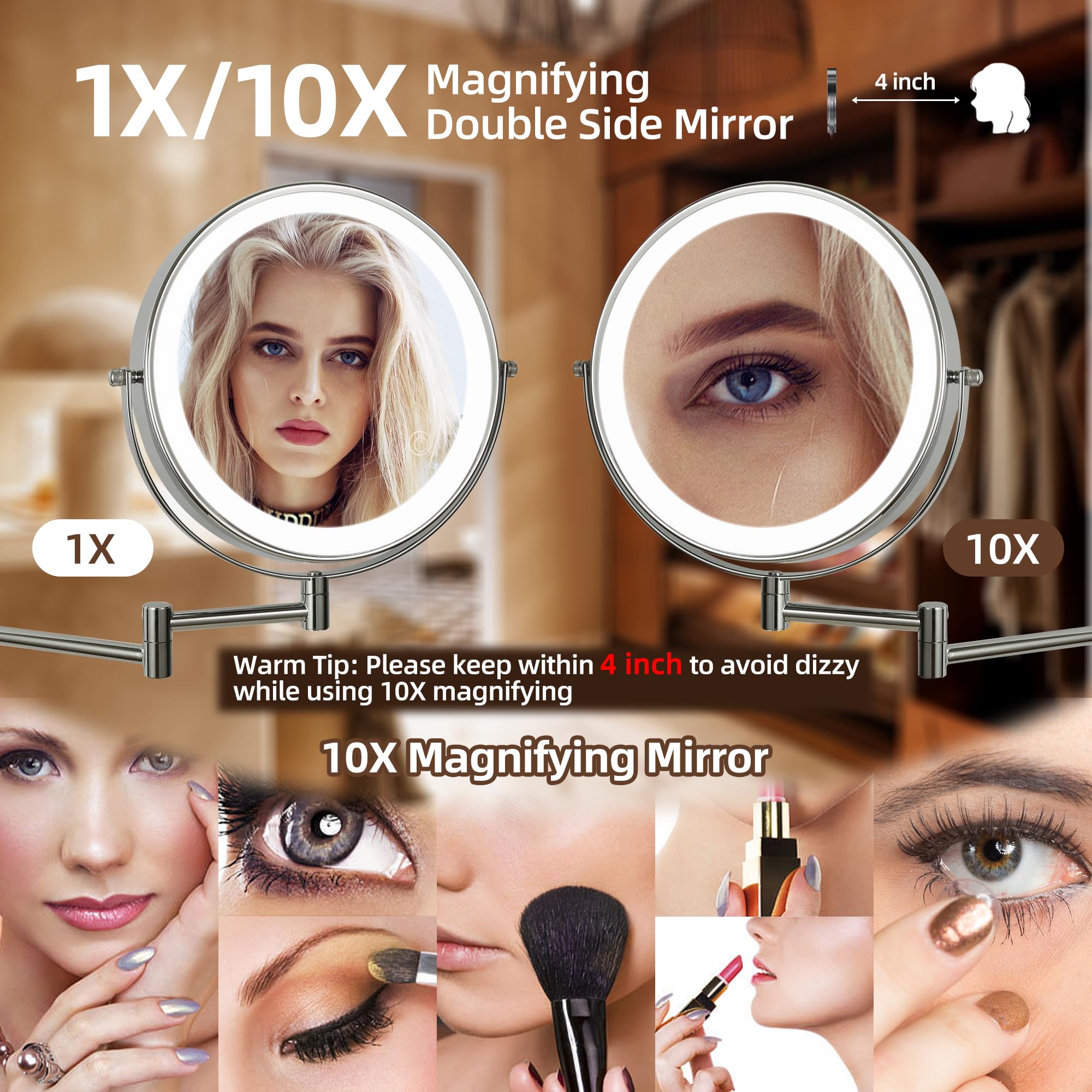 Slimoon 8'' Wall Mounted Lighted Makeup Mirror With Magnification, 1X/10X Magnifying Mirror With Light, 3 Color Lights, Extendab