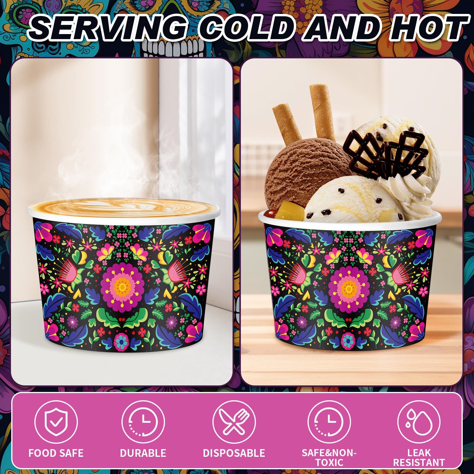 Zhehao 60 Pcs Mexican Halloween Paper Ice Cream Cups 9 oz Day of The Dead Disposable Dessert Bowls Snack Cups for Ice Cream Part