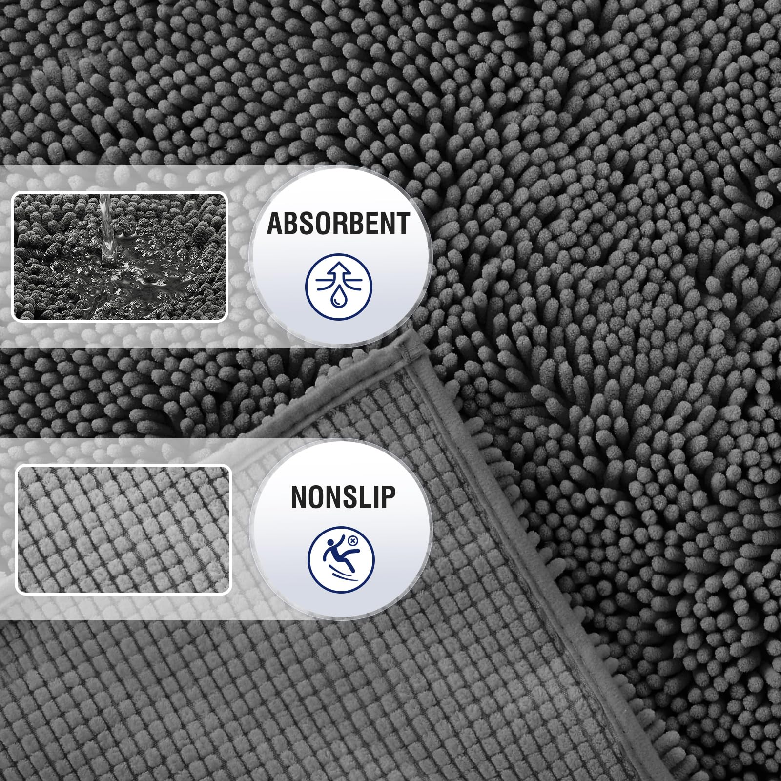 TECHMILLY Soft Fluffy Chenille Bathroom Rugs  Non Slip Absorbent Bath Mats for Bathroom  Washable and Quick Dry  Grey  17'' x 24''