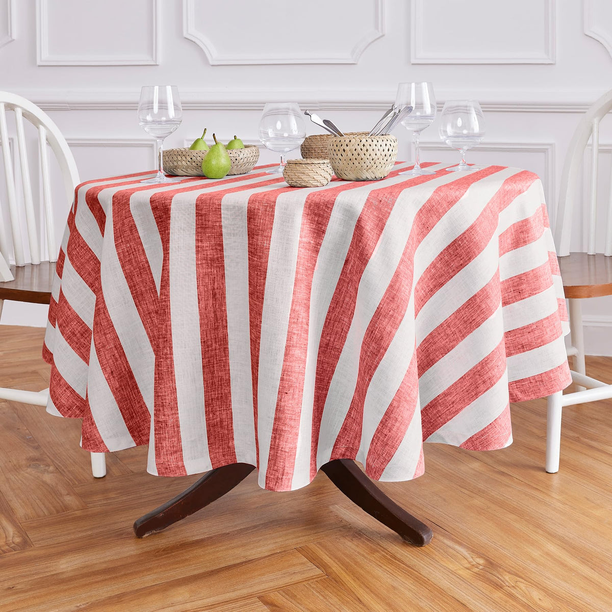 Solino Home Cabana Stripe Linen Round Tablecloth 60 Inch Diameter - 100% Pure Linen Red And White Tablecloth For Spring - Handcr