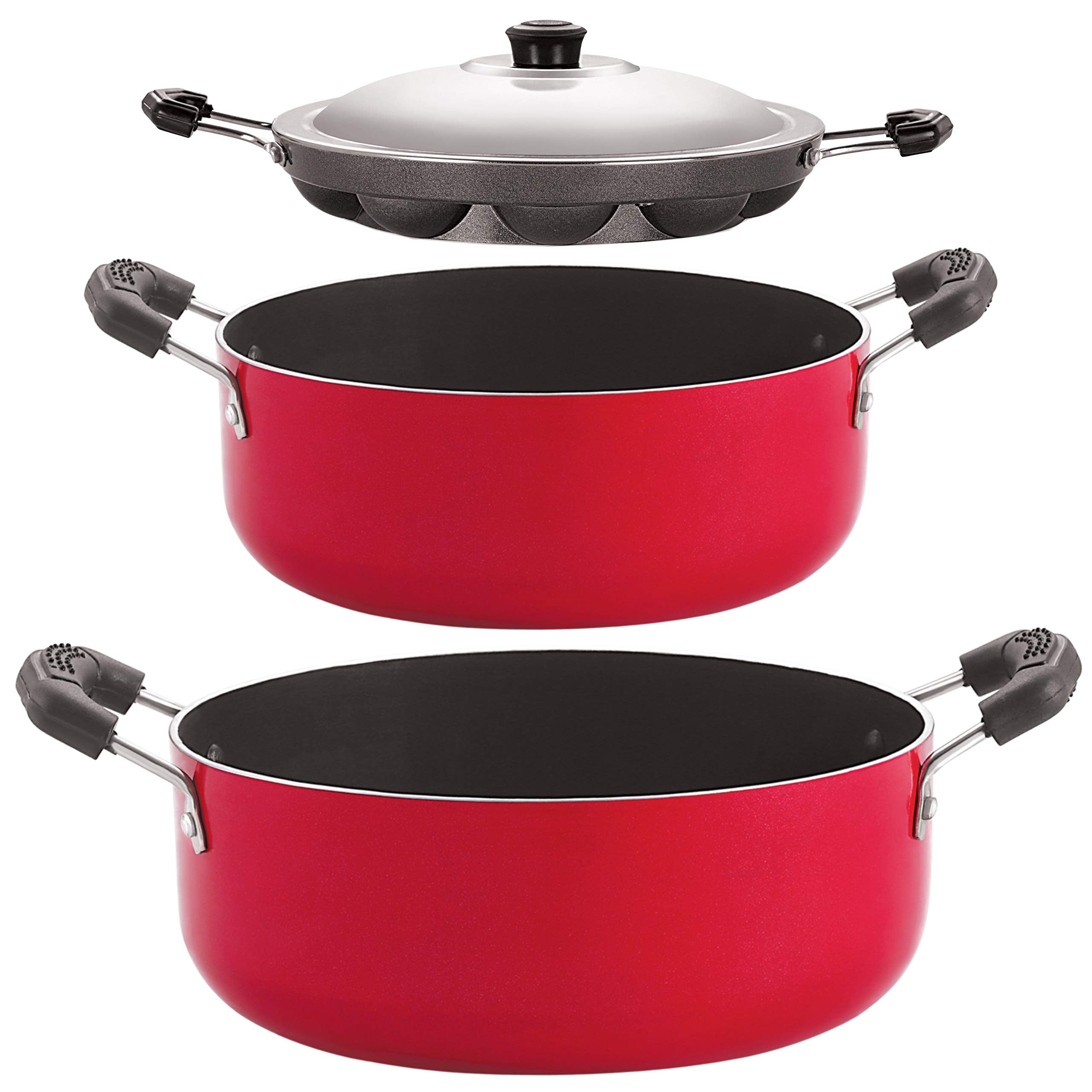 Nirlon Gas Compatible NonStick Aluminium Cookware Set, 3Pieces, Red/Black (Cs22_Ap12_Cs24)