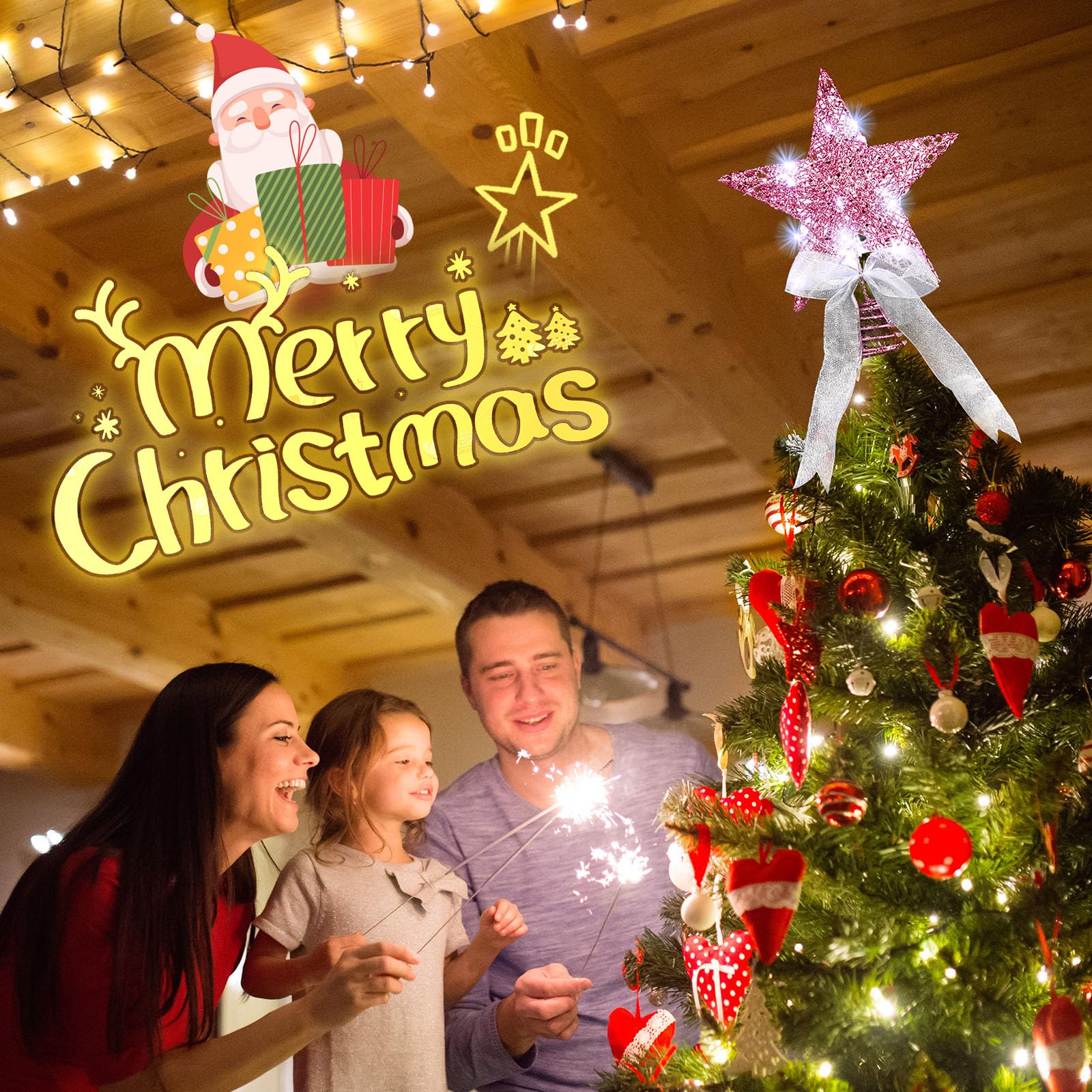 Sumind 10 Inch Christmas Star Tree Topper Glittered Star Metal Plug in Treetop Ornaments with Bow and 30 LED String Light for Ch