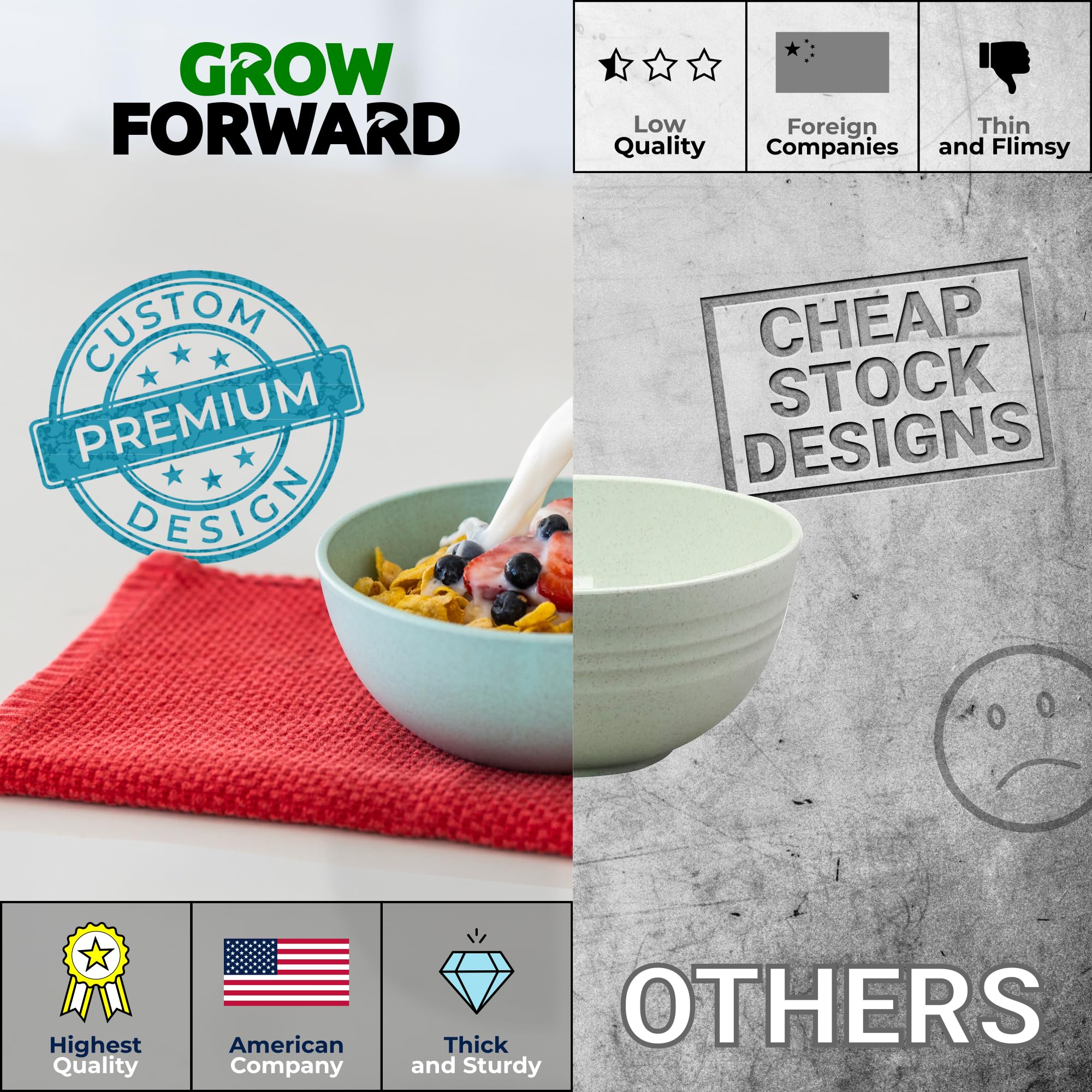 Grow Forward Premium Wheat Straw Bowls Set Of 8 - Reusable 34Oz Hard Plastic Cereal Bowls - Unbreakable Microwave Safe Bowls For