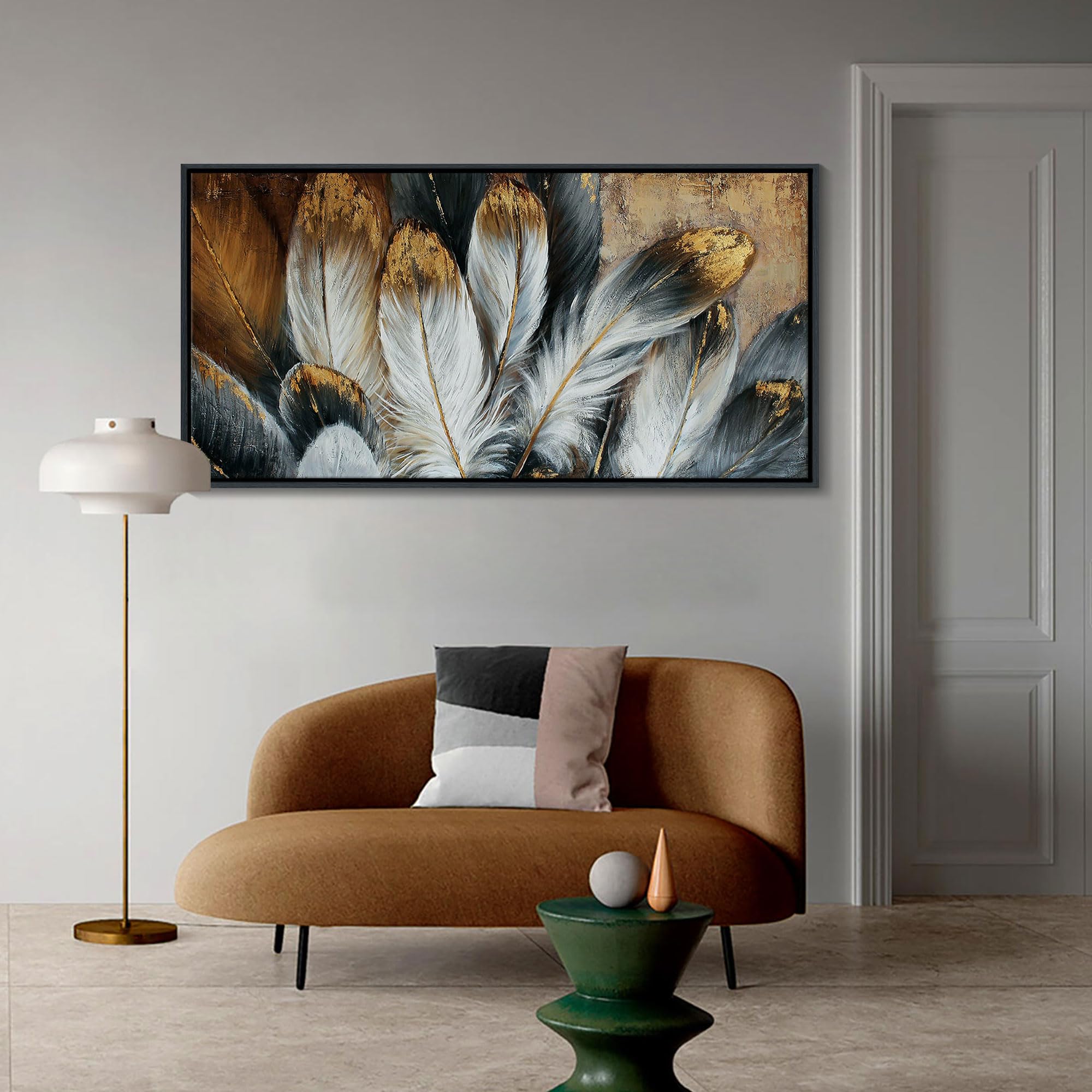 Framed Feather Canvas Wall Art Modern Living Room Bedroom Wall Decoration Large Canvas Painting Artwork For Home Decor White Gol