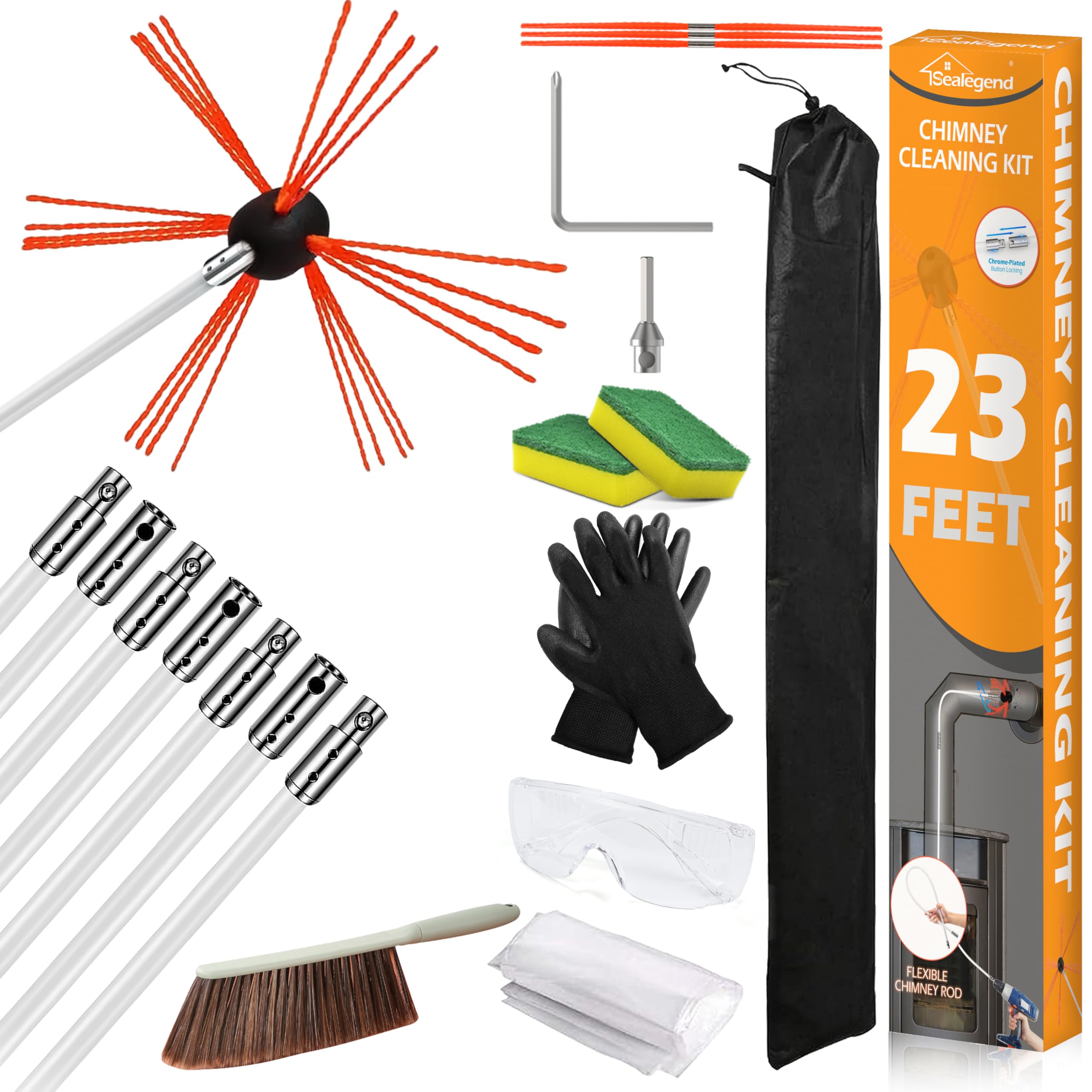 Sealegend 23 Feet Chimney Sweep Kit Chimney Brush Chimney Cleaning Kit And Rotary Chimney Cleaning System Fireplace Brush Tool W