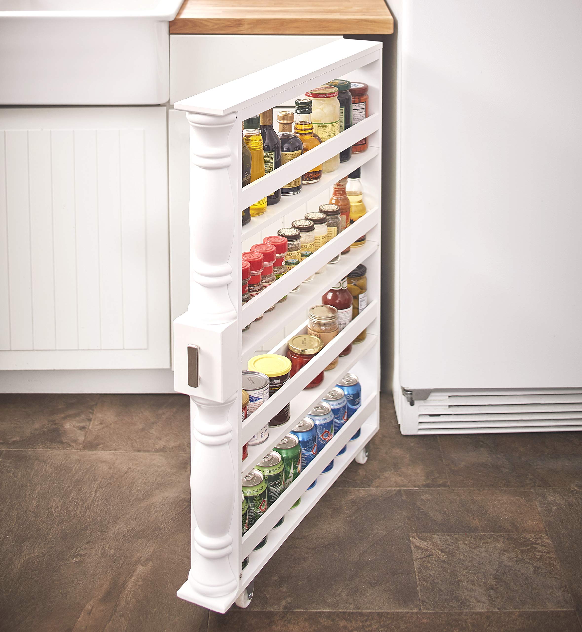 The Lakeside Collection Slim 4 Tier White Wooden Storage Rack Cart On Wheels For Small Spaces, Kitchen, Bathroom Laundry Room Or