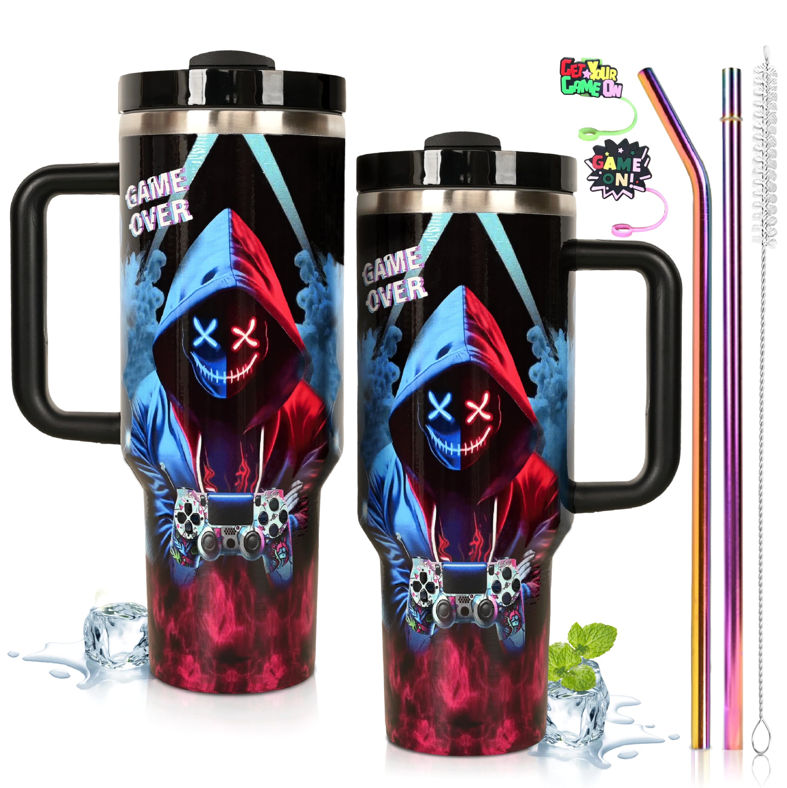jvycjlu Gaming Gifts for Men Boys, Gamer Water Bottle 40oz Insulated Tumbler with Handle & Straw, Gifts for Gamers Husband Dad, 