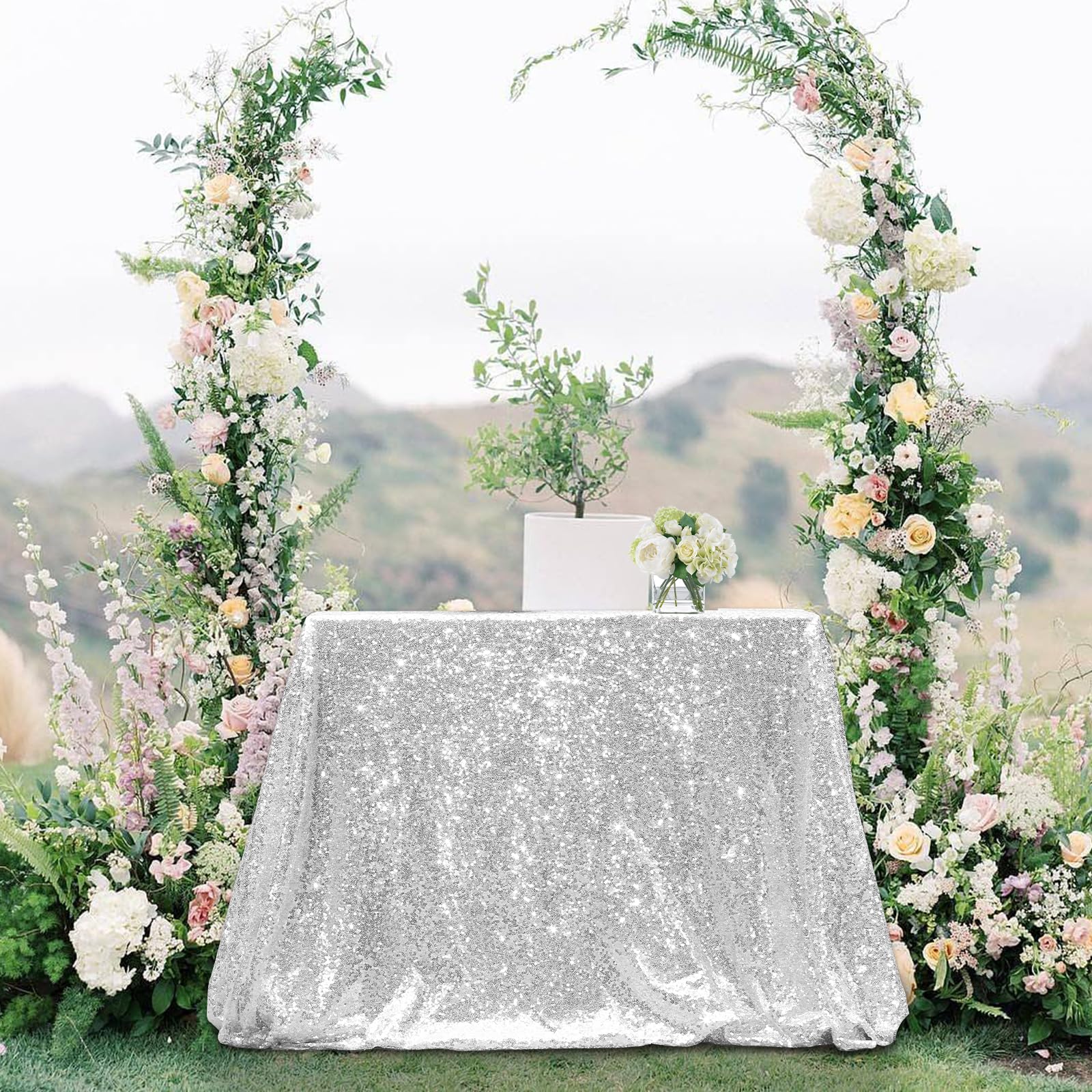 Partydelight Sequin Tablecloth, Sequin Table Overlay Square, 50''X50'', Silver.