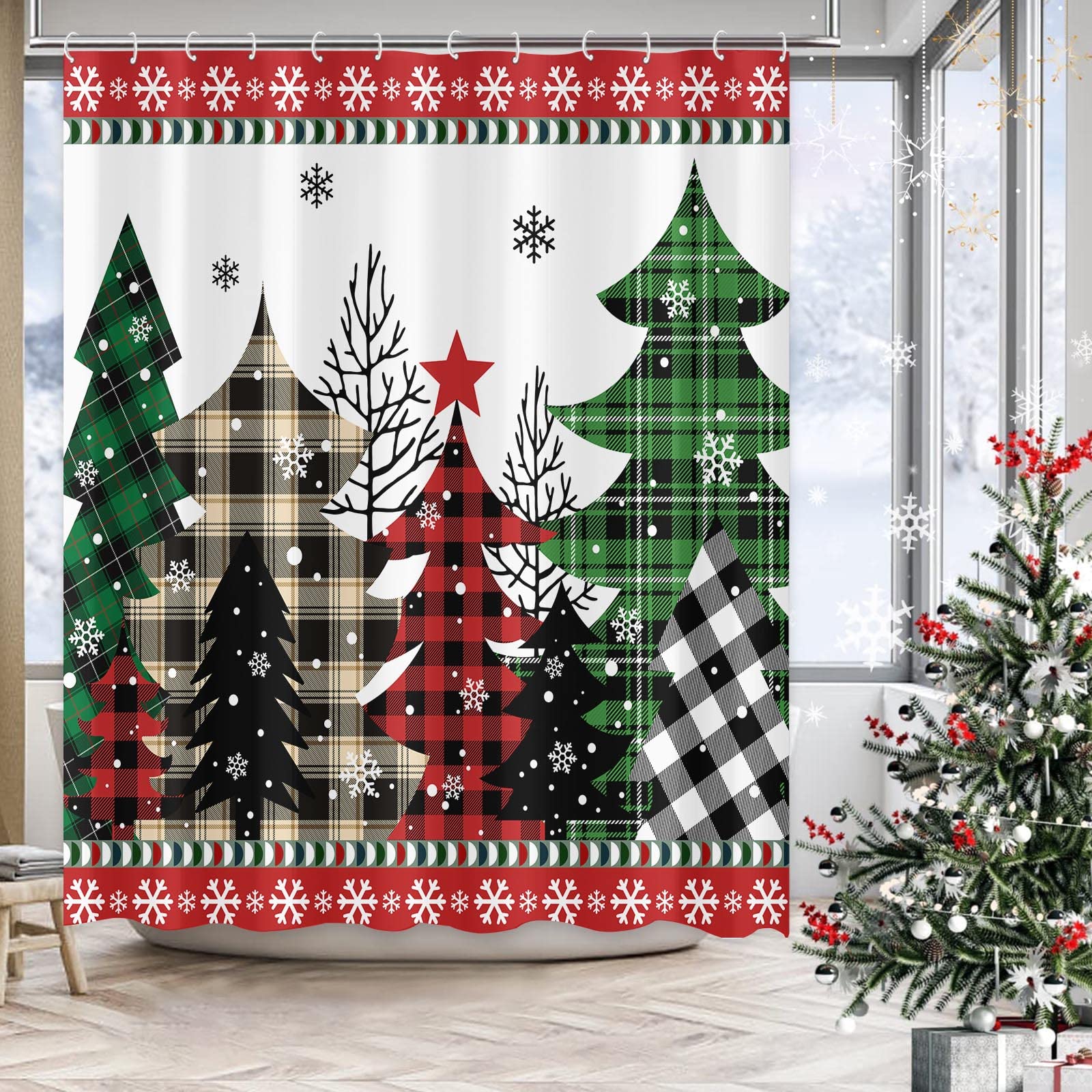 Zussun Christmas Shower Curtain Red And Green Buffalo Plaid Tree Winter Snowflake Waterproof Fabric Shower Curtains For Bathroom