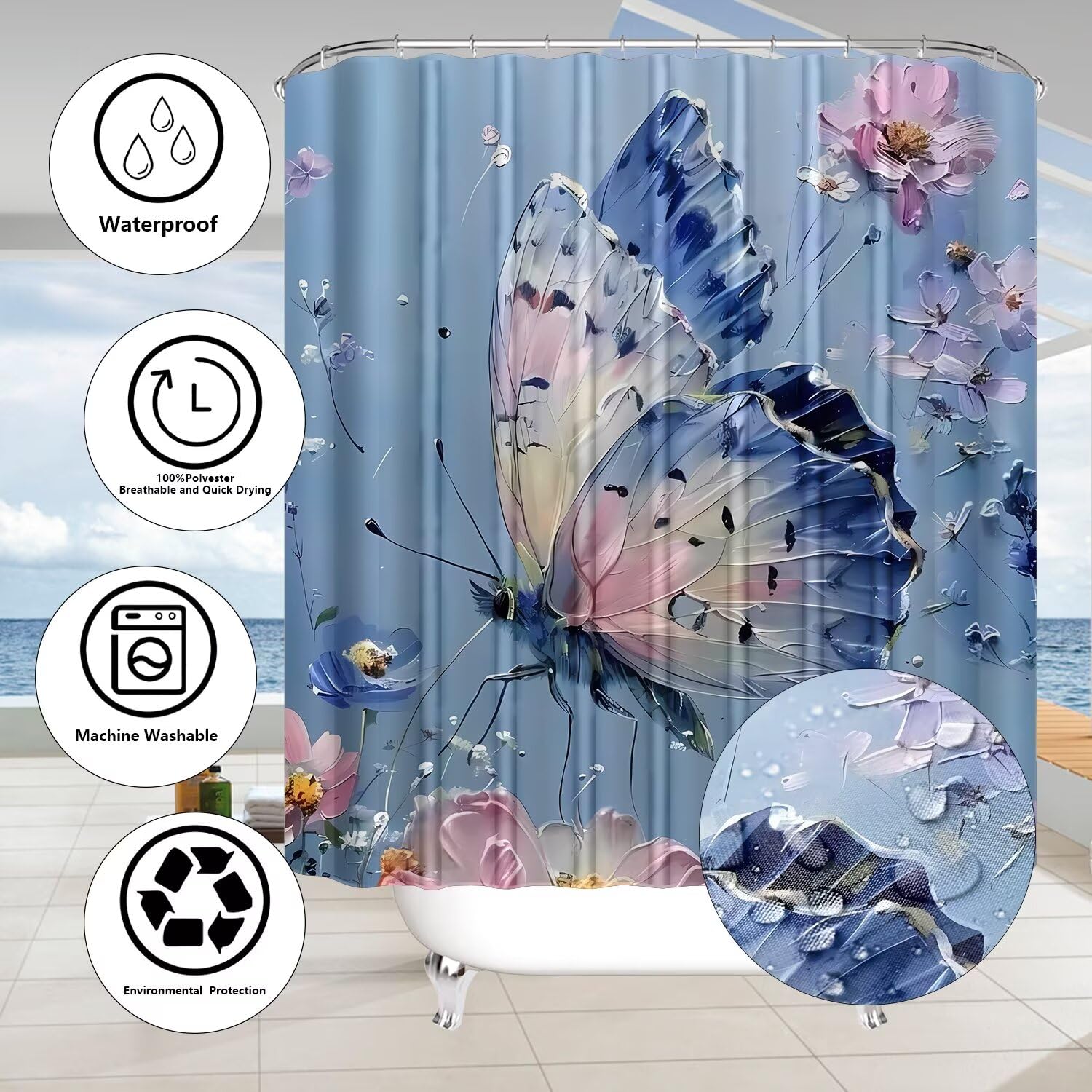 Ddqq 4Pcs Oil Painting Floral Shower Curtain Set Bathroom Sets Blue Butterfly Shower Curtain With 12 Hooks Bathroom Decor With R