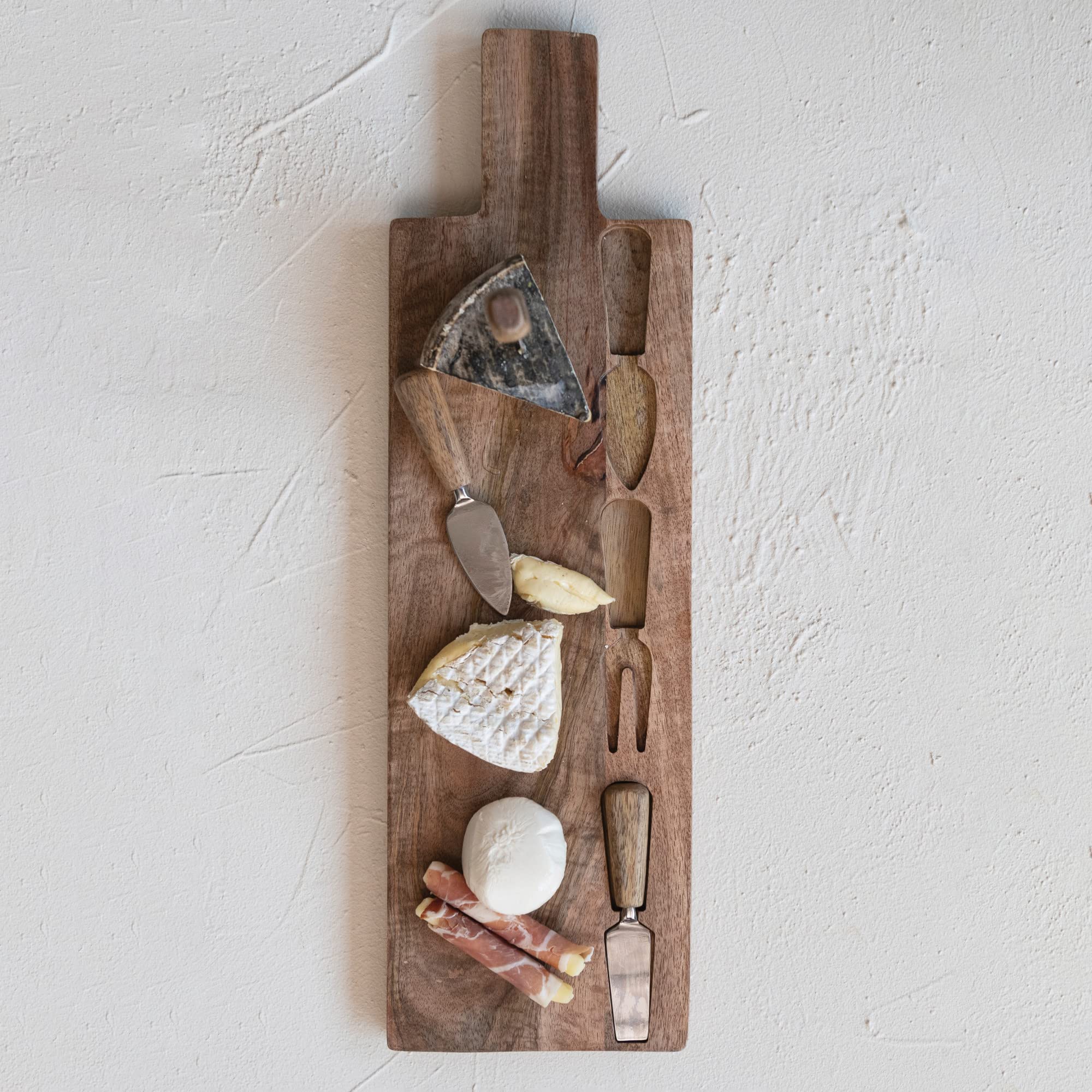 Creative Co-Op Mango Wood Serving Board With Cheese Utensils, Natural